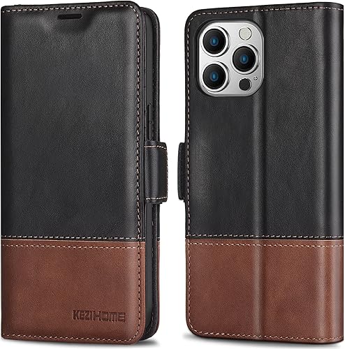 Miniatura 1 de KEZiHOME Funda para iPhone 14 Pro Max, piel auténtica bloqueo RFID iPhone 14 Pro Max, funda tipo cartera con ranura para tarjetas, soporte