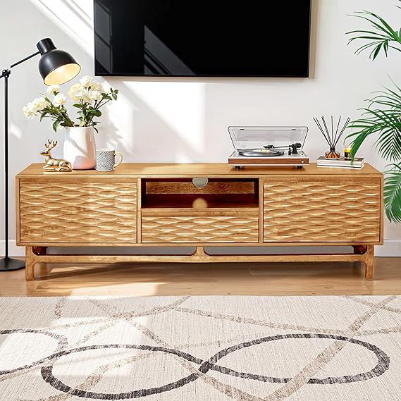 7 Solid Wood Entertainment Centers Built for Longevity 2 Acacia Elara Wood TV Stand for TVs up to 75+ Inch Entertainment Center with Storage Shelves and Cable Management, Mid Century Modern Media Console Wood TV Stands for Living Room Bedroom, Natural Oak
