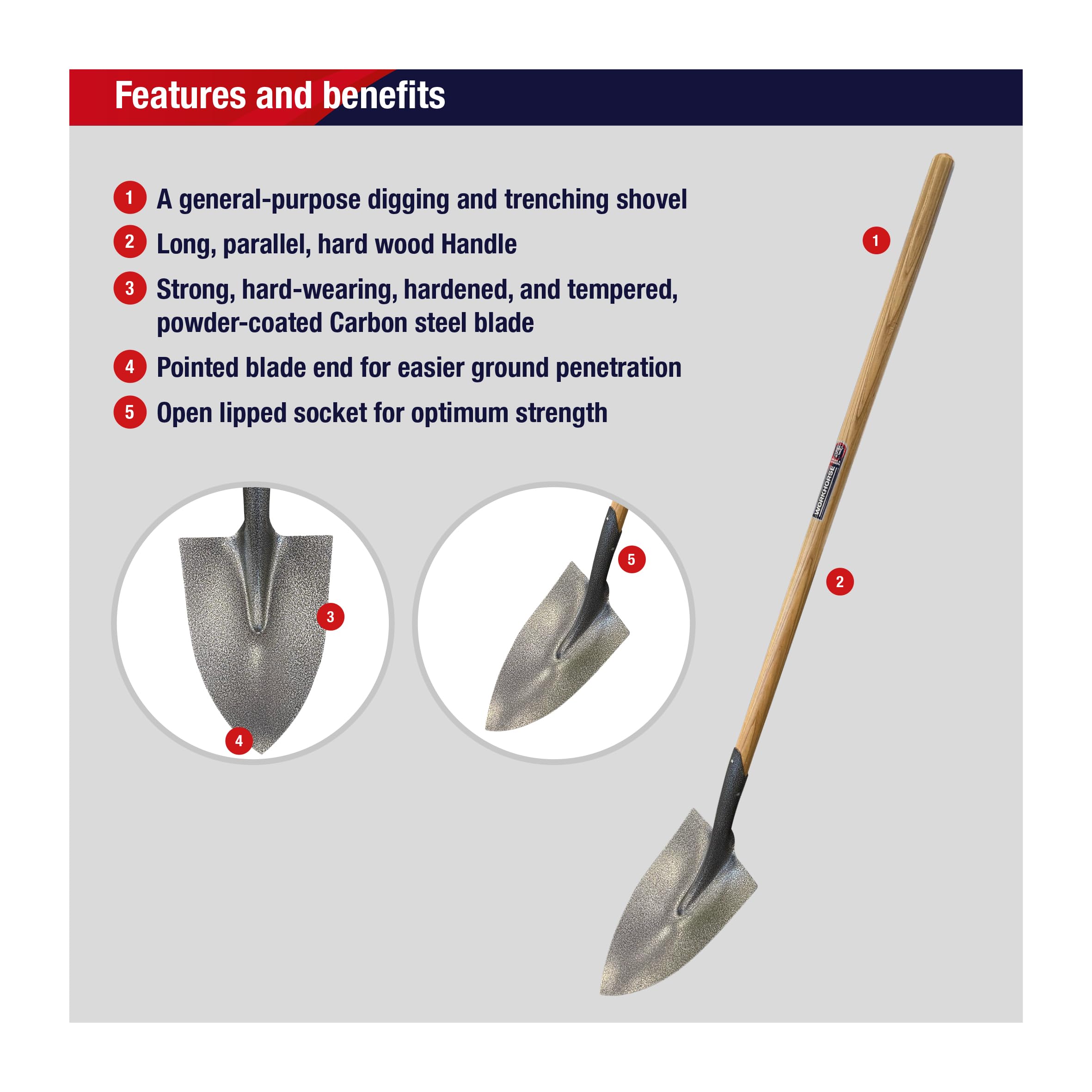 Spear & Jackson IRISHDS Pala Irlandesa de Punta, Acero al Carbono, Mango de Fresno, Pala de Excavación para Zanjeo, Tierra, Turba y Césped, Uso Profesional