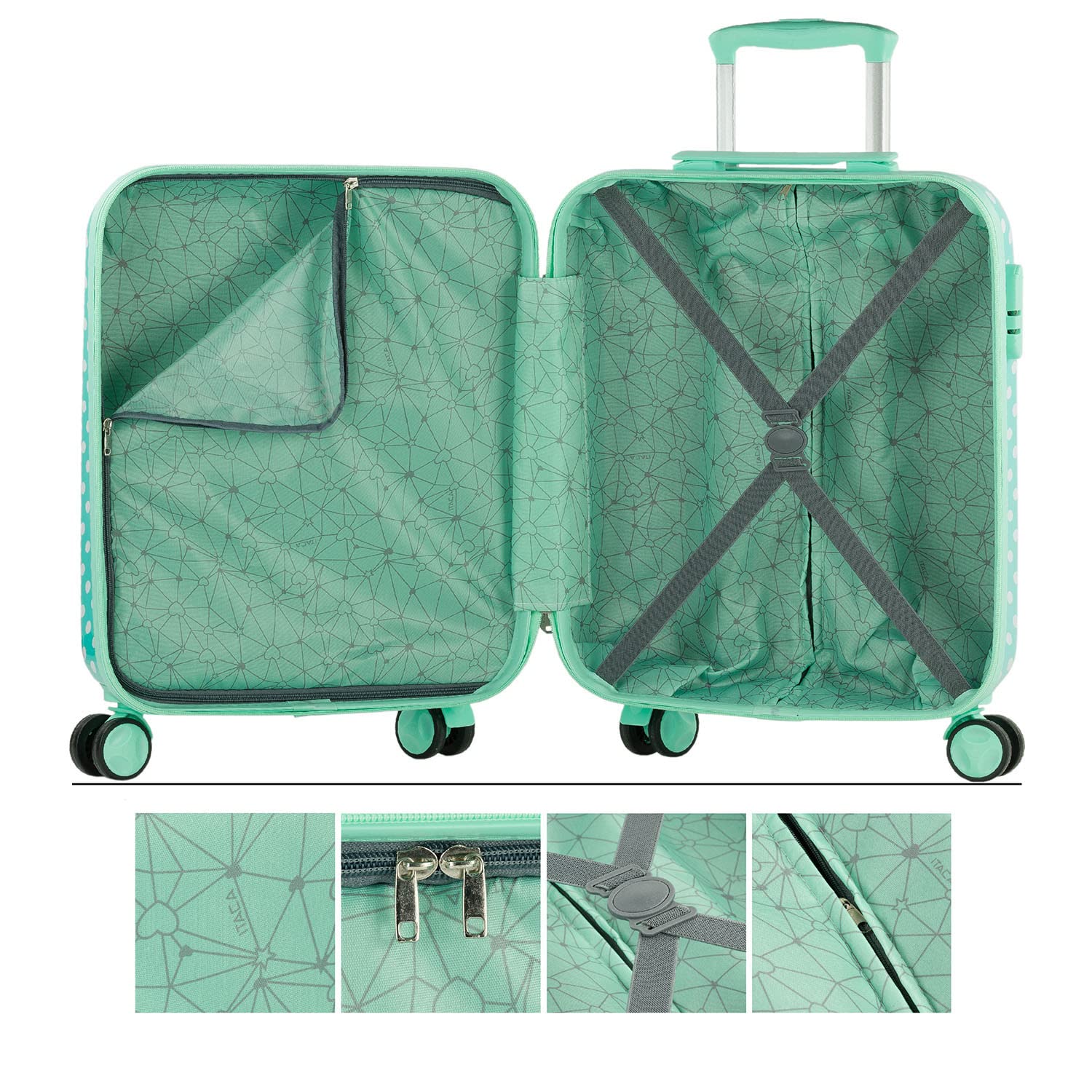 ITACA - Maleta Cabina Infantil con Ruedas Giratorias. Maleta Infantil de Viaje Ligera para Niños, Equipaje de Mano, Compatible Ryanair. Candado de Combinación, Topos Menta