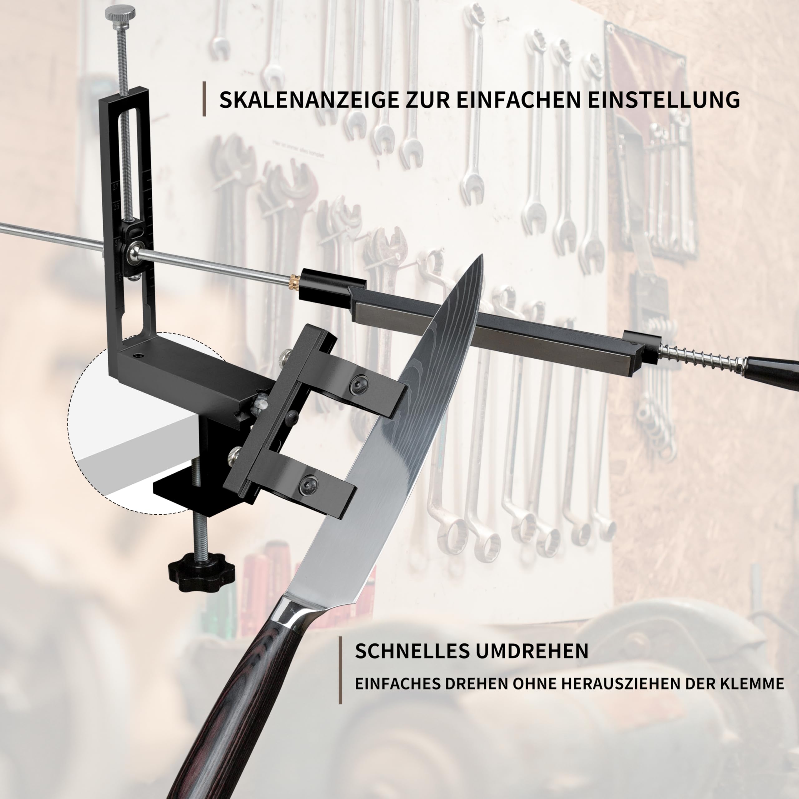 CWOVRS Messerschärfsystem, 360° Dual Klemmensystem Schnellspann-C-Klemme | Messerschärfer mit 2-Fach Winkelverstellung (15°-27°), verstellbarer Messerhalter, Küchen Messerschleifer, 9 Schleifsteinen