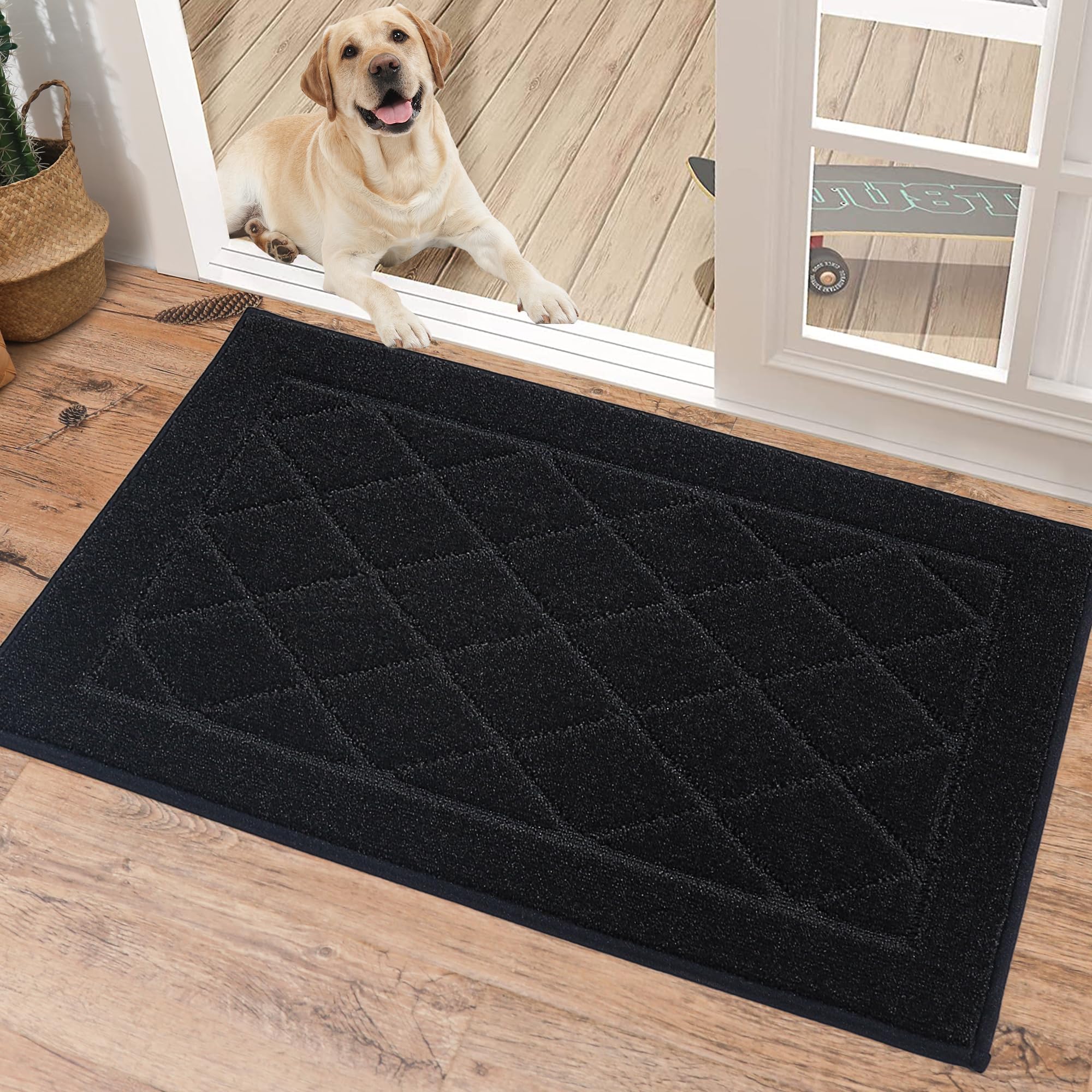 BEQHAUSE Dirt Trapper Door Mat 20" x 32", Non-Slip Machine Washable Entryway Rug, Dog Door Mat Indoor, Stain Resistant and Absorbent Welcome Mat for Front Back Door, Muddy Wet Shoes & Paws, Black