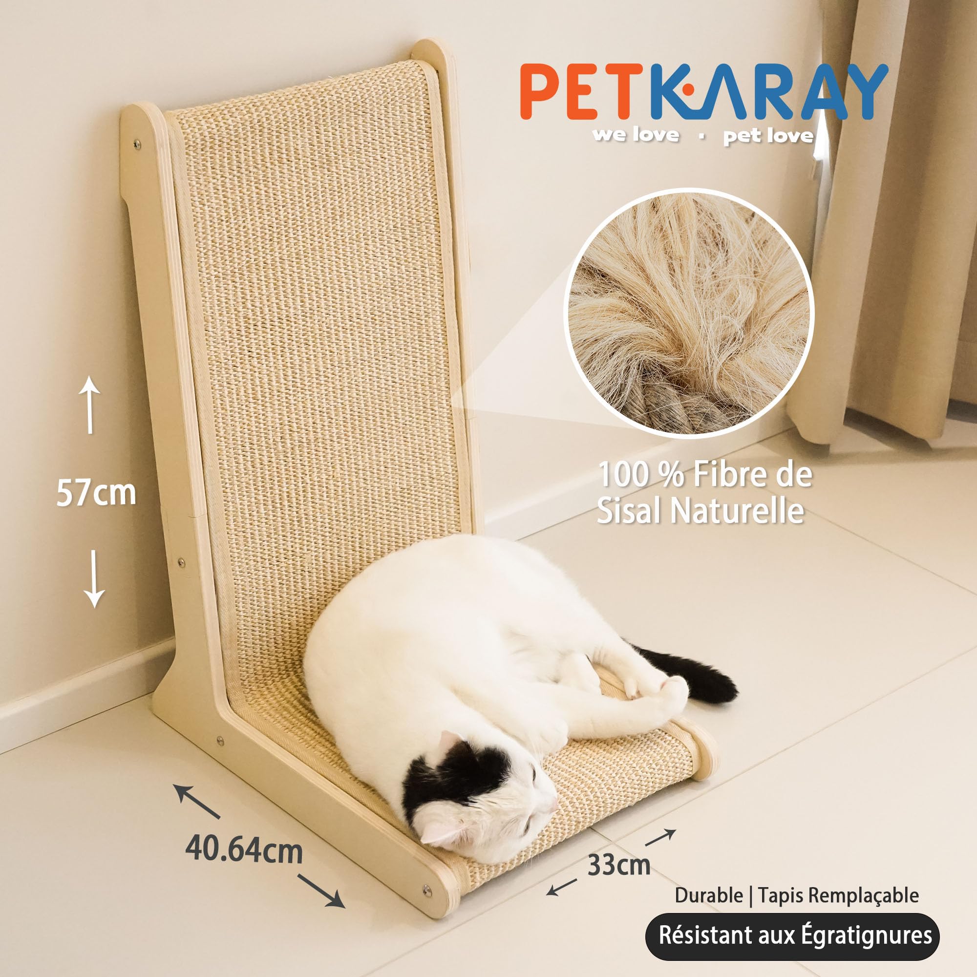 PETKARAY Griffoir Chat en sisal 105°, Forme L Robuste pour intérieur, Protection canapé et Meubles, Fixation Stable au Sol, avec Herbe à Chat Incluse