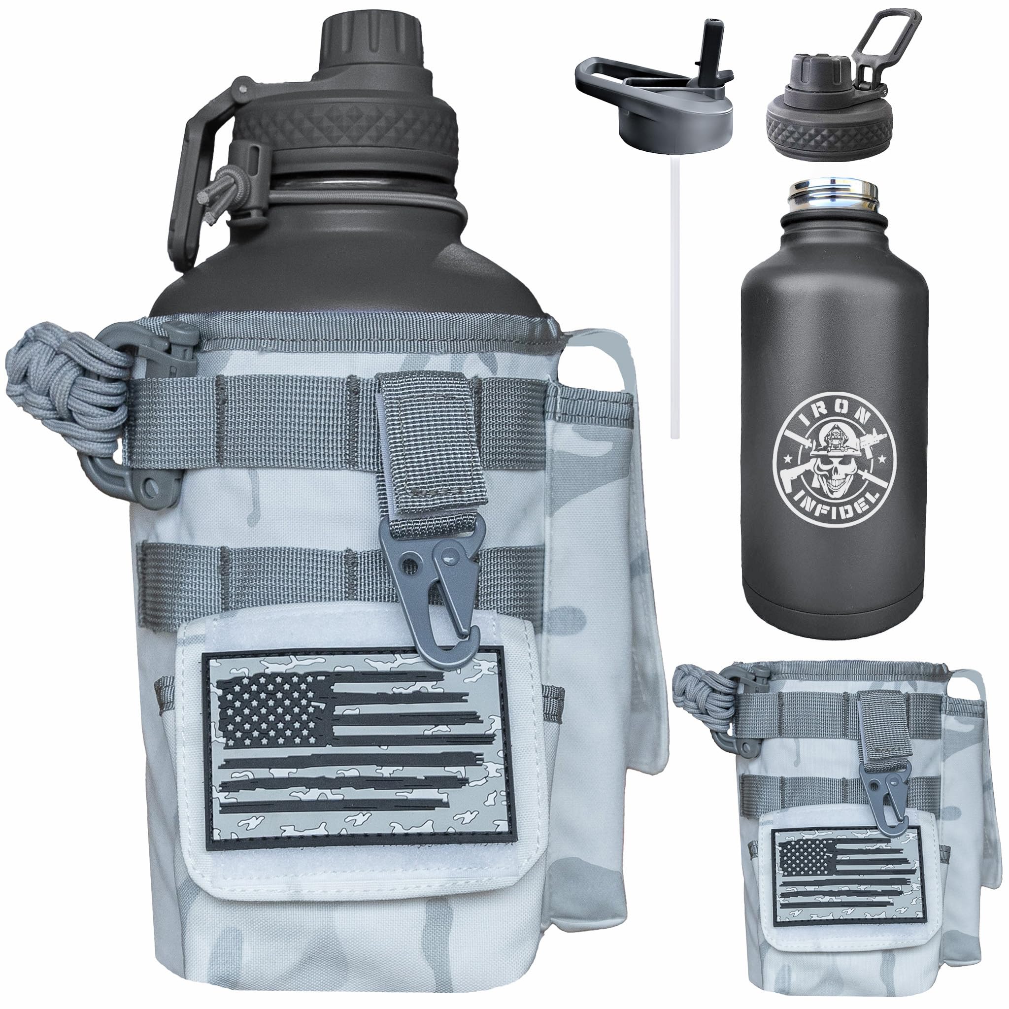 Iron Infidel Battle Bottle - Half Gallon Insulated Water Bottle with Paracord Handle, 64 oz Stainless Steel 2L Water Jug with Rugged, Removable Sleeve for Keys, Wallet, & Phone (Arctic Camo 2 Liter)