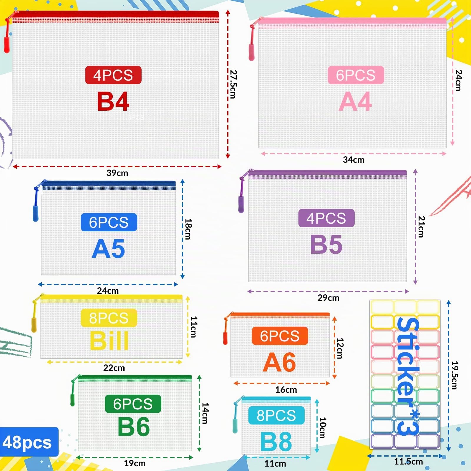 48 Piezas Bolsa de Archivo de Cremallera, A4+A5+A6+B4+B5+B6+B8+Bill Bolsa de Documentos de Plástico de Impermeable, Bolsas de Archivos de Malla para Cosméticos de Oficina Viaje de Tarea Escolar