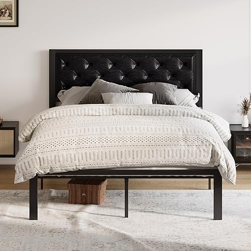 Allewie Base de cama matrimonial con cabecera tapizada de piel sintética, diseño elegante con costuras de diamante, no necesita somier, color negro