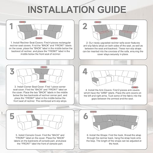 Miniatura 8 de Fundas impermeables para sofá modular reclinable en forma de L, 8 piezas antideslizantes y lavables, juego de fundas para sofá reclinable en esquina