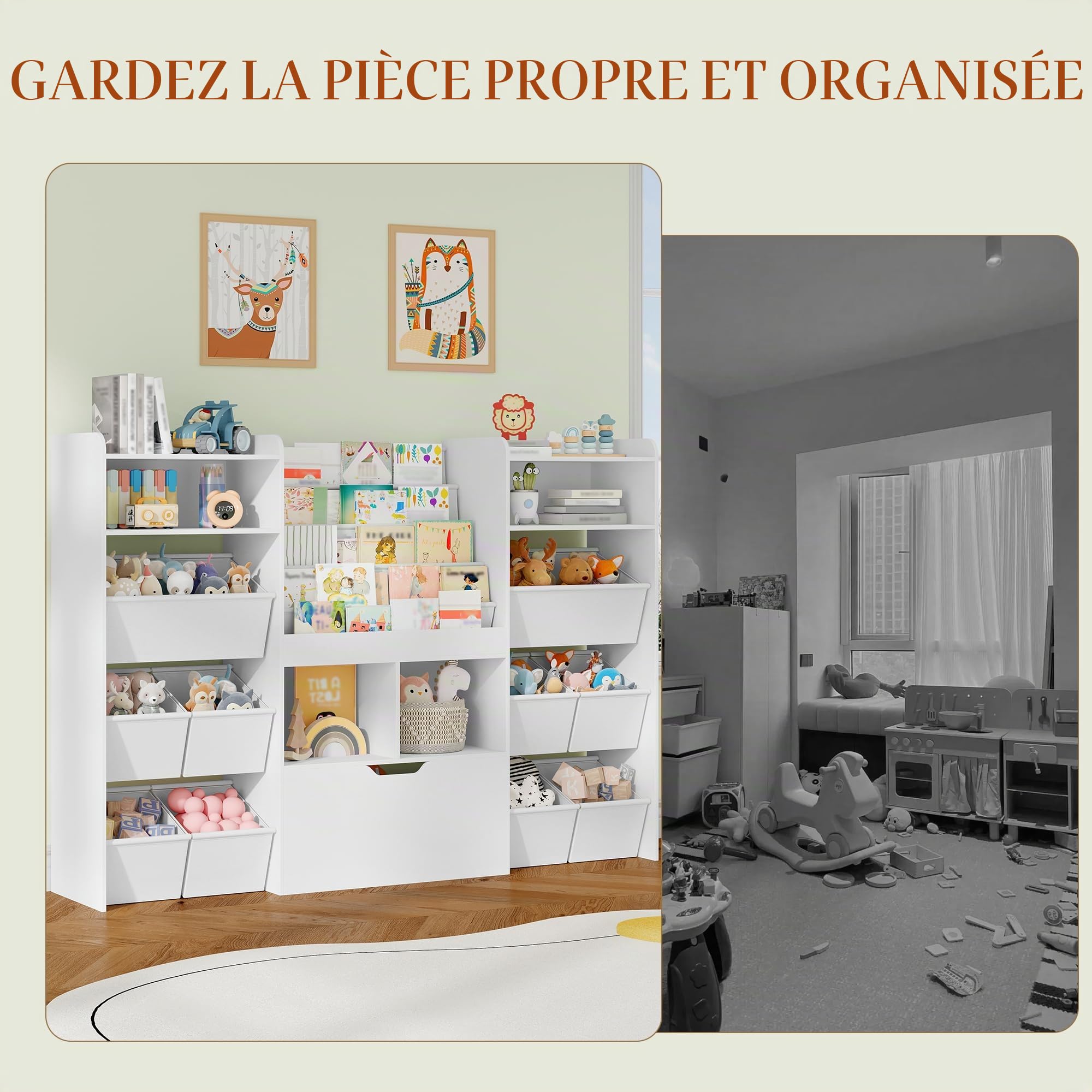 HEXCELEN Meuble Rangement Enfant avec Porte-journaux, Bibliothèque Enfants avec Tiroirs Roulants, 10 Boîtes en Non-tissé, Étagère à Jouets, pour Chambres d'enfants, Bureau, 30 x 140 x 100 cm Blanc