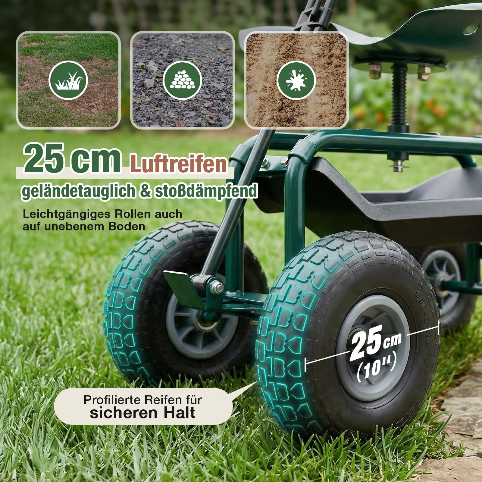 Sekey Gartenrollsitz mit Griff & Ø 25,5cm Reifen - Fahrbarer Rollsitz für Gartenarbeit bis 180kg - 360° Drehbarer Gartensitz zum Ernten & Beschneiden - Gartenhelfer mit Korb für Hof & Garten
