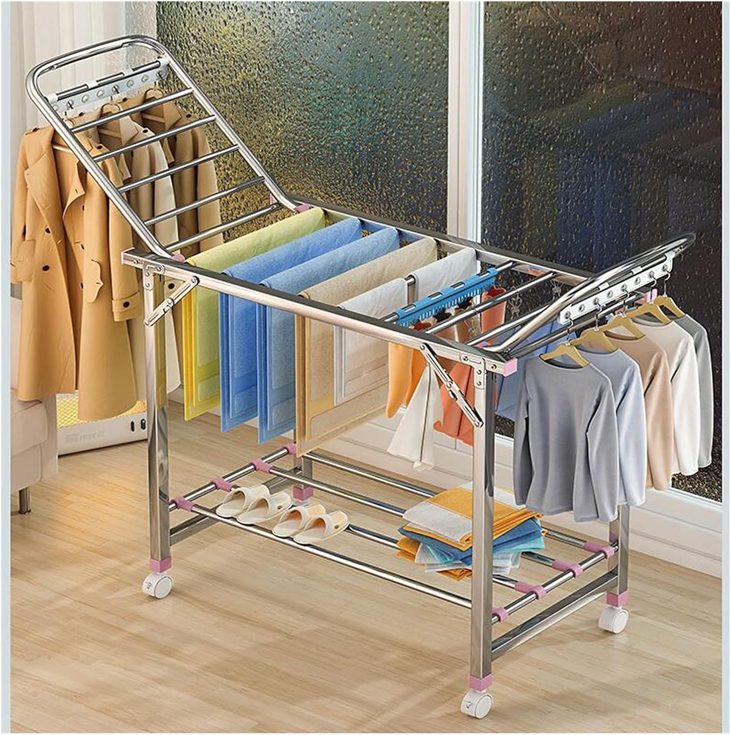 Collapsible Clothes Drying Rack Stainless Steel Folding Wing Rod, Foldable Floor Rack, Laundry Dryer Hanger Indoor and Outdoor Use,