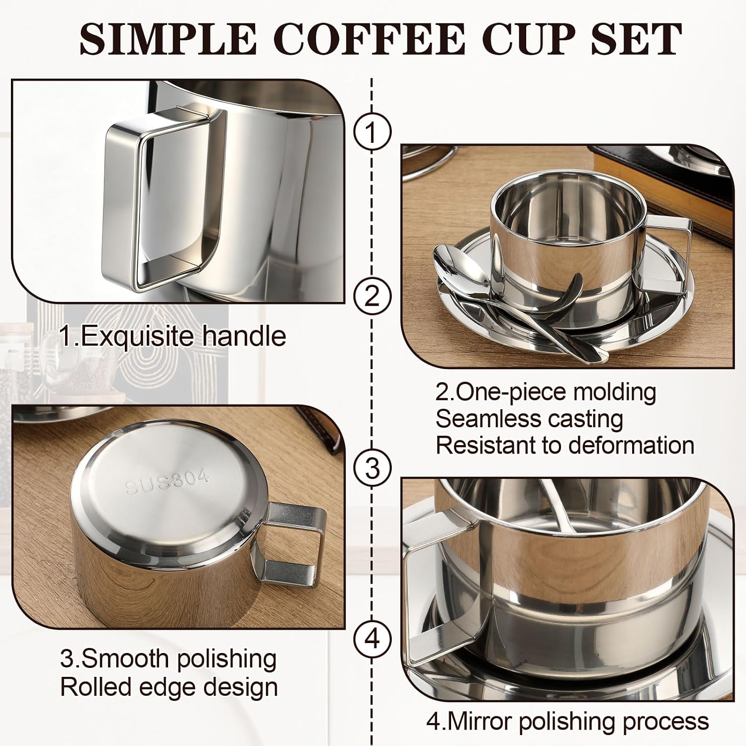 4 Pack Stainless Steel Coffee Cup Set 6 oz Espresso Cups Coffee Mugs with Spoons, Saucers and Metal Stand for Drinks, Latte, Tea, Milk (200 ml) image 3