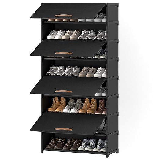 Shoe Rack, 9 Tier Shoe Storage Cabinet with Door 36 Pair Plastic Shoe Shelves Organizer for Closet, Entryway, Hallway, Bedroom, Black