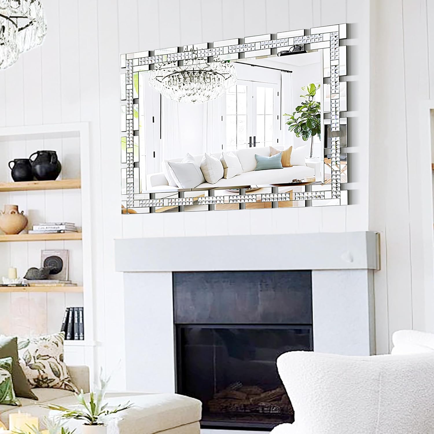 Chende 36" x 47" Crystal Large Wall Decor Mirror with Beveled Edge and Glass Frame, Rectangular Decorative Mirror for Bathroom, Bedroom, Entryway, Vertical/Horizontal Design, Gifts for Girls