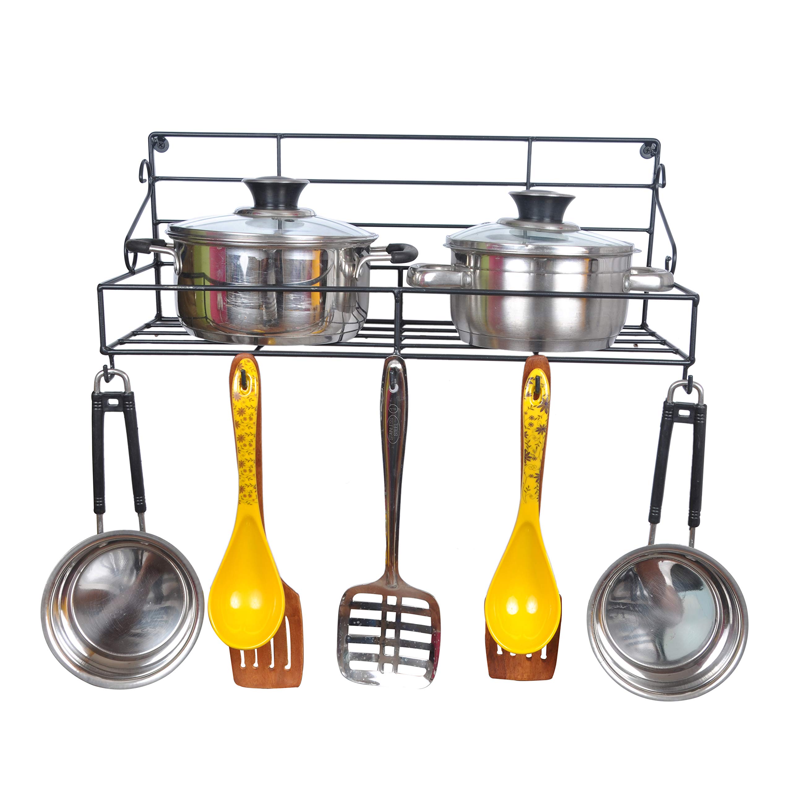 D&V Engineering Wall Mounted Kitchen Rack | Heavy Duty Metal Hanging Shelf Storage Organizer for Pots, Pans & Utensils | Holds Up to 20 kg | Simple Installation | Black 2