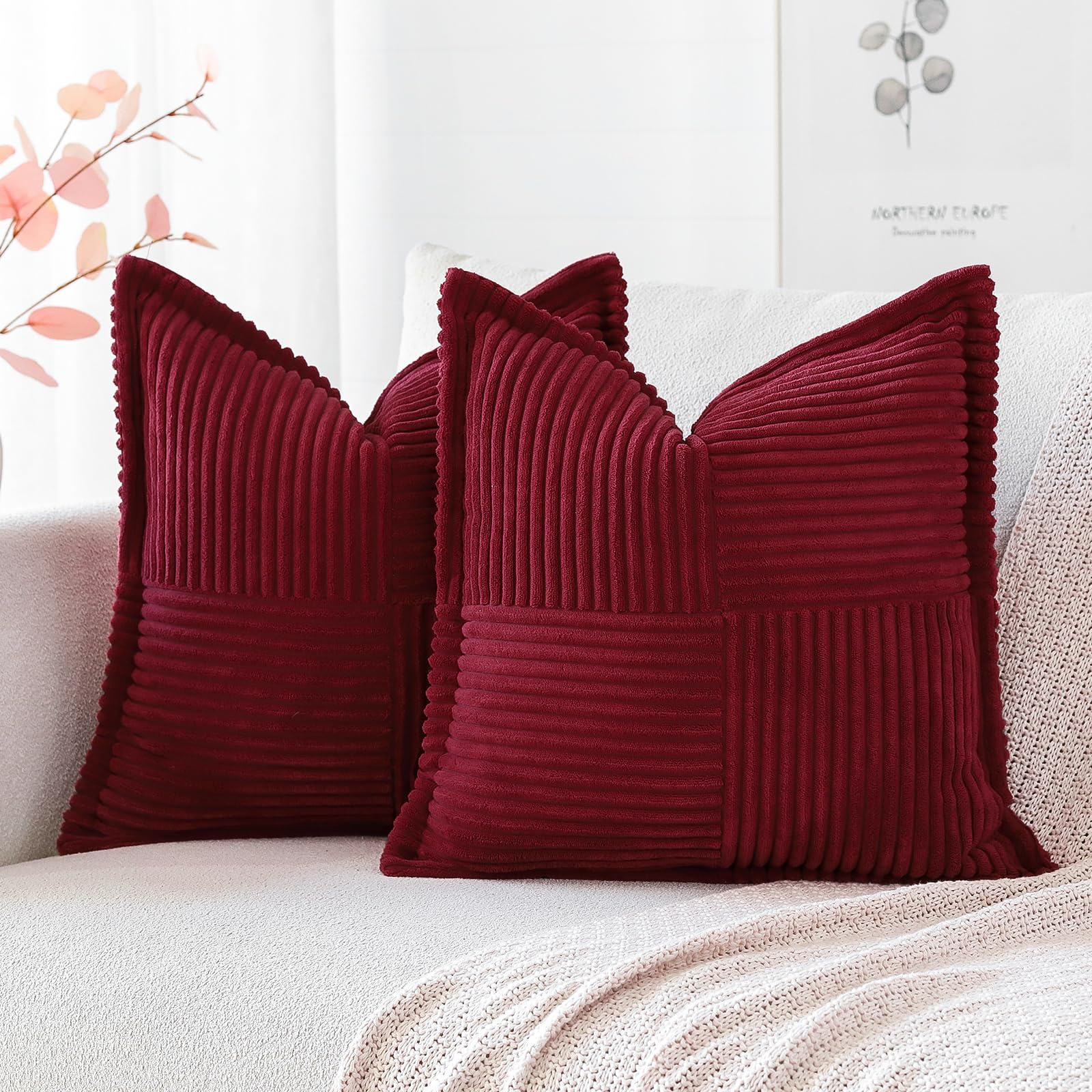 Housses de coussin en velours côtelé bordeaux 61x61 cm OTOSTAR (lot de 2)