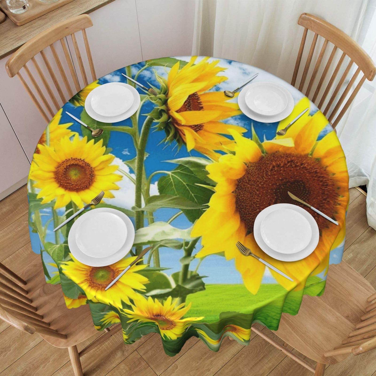 DCEHGEW 60 In Round Tablecloth with Lace, Sunflowers Butterfly Printed Oilproof & Washable Fabric Picnic Table Cloth Table Covers