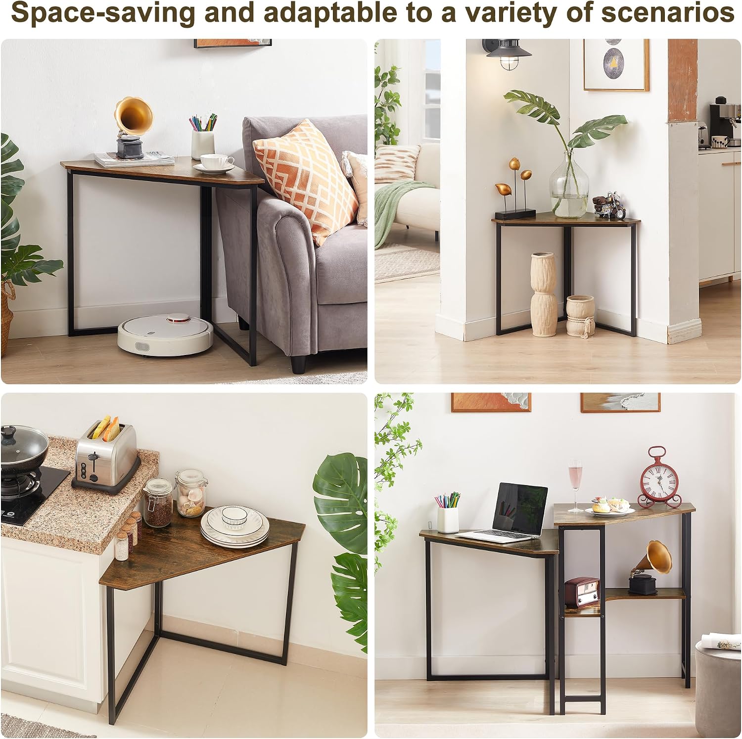 VECELO Corner Desk,Office Tables for Living Room for Small Space Triangle Computer Desk with Steel Frame Corner Shelves with Metal Frame Writing Desk for Workstation Classic Brown 33.1"