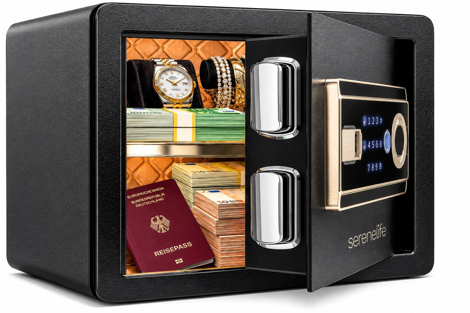 SereneLife 18L Tresor, Safe Für Zuhause Feuerfest & Wasserdicht, Digitaler Heimtresor mit Zugriff per Fingerabdruck, Möbeltresor mit Code & Schlüsseln, Safe Box für Wertsachen, Bargeld, Schmuck, Gold