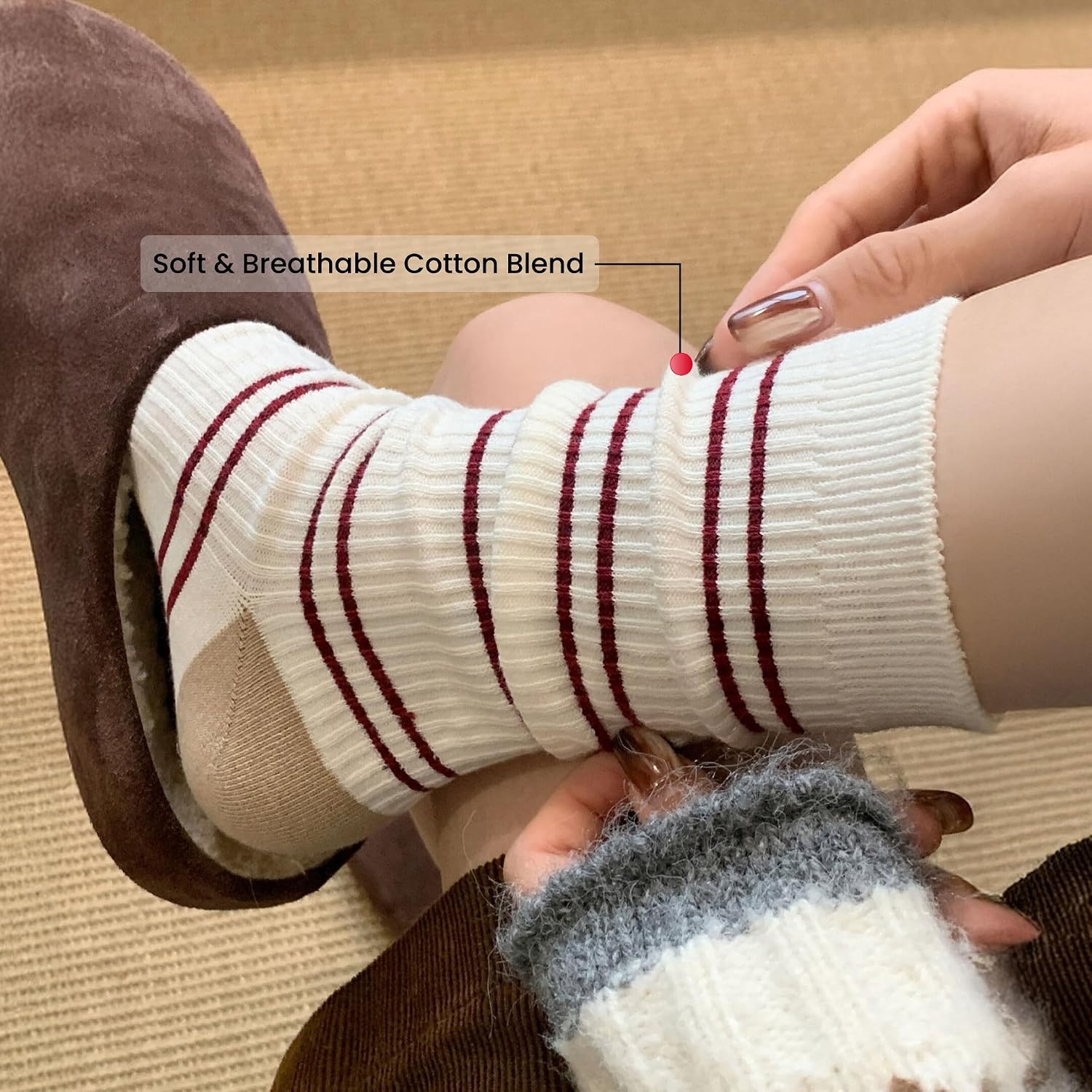 Women's Cotton Crew Socks 6 Pairs, Striped Mid-Calf Socks, Classic or Yoga Grip Option