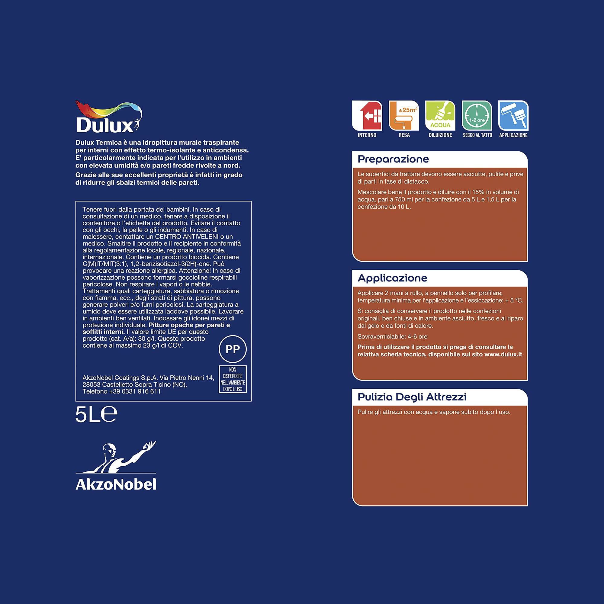 Dulux TERMICA Pittura all'acqua per Interni Termoisolante Anti Condensa Anti Umidità, 5 Litri, Bianco, 5L