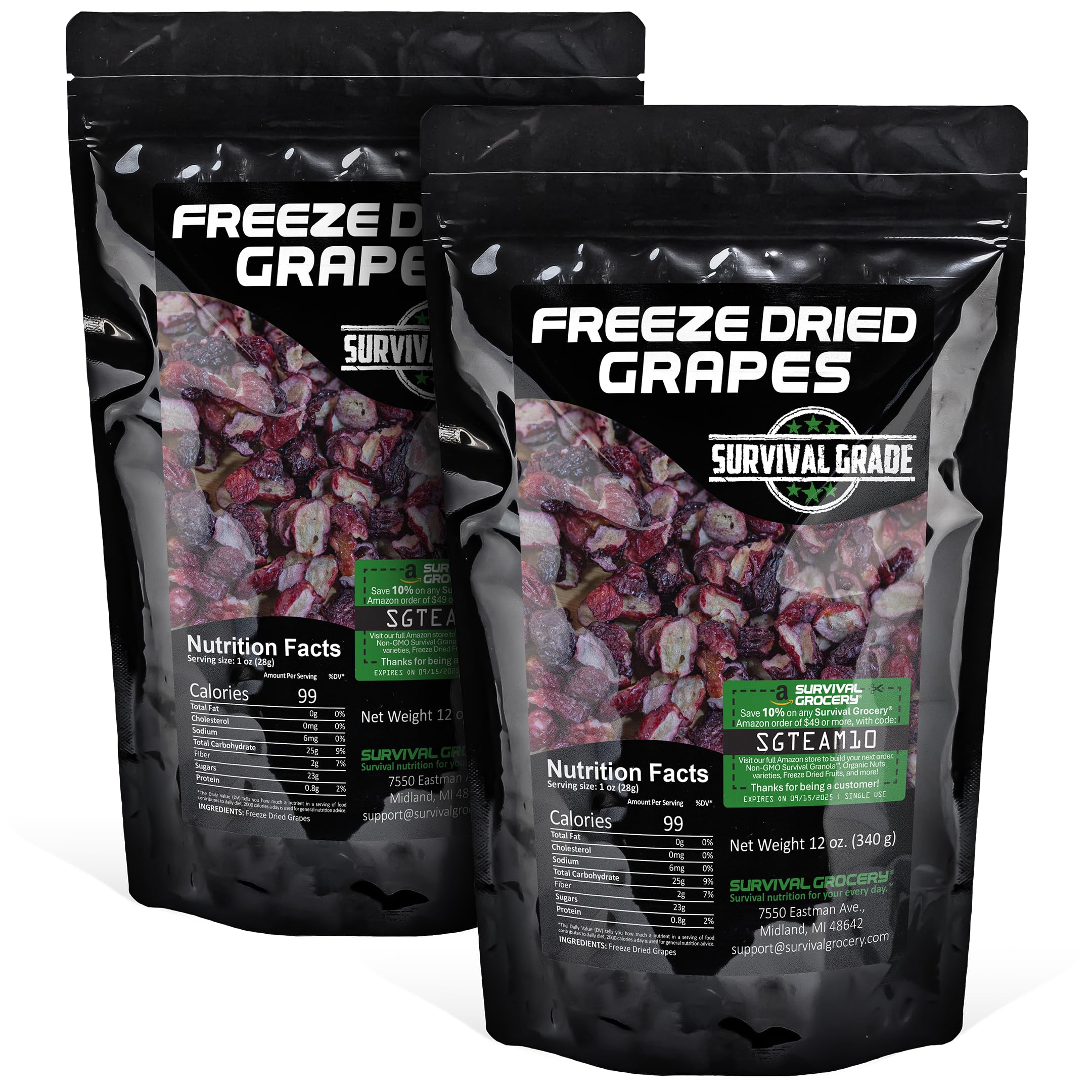 Freeze-Dried Grape Halves - No Sugar, No Preservatives - Clean, Crunchy, 100% Real Fruit - Bulk & Multi-Pack Options by Survival Grocery® (24 oz./2 Resealable Bags)