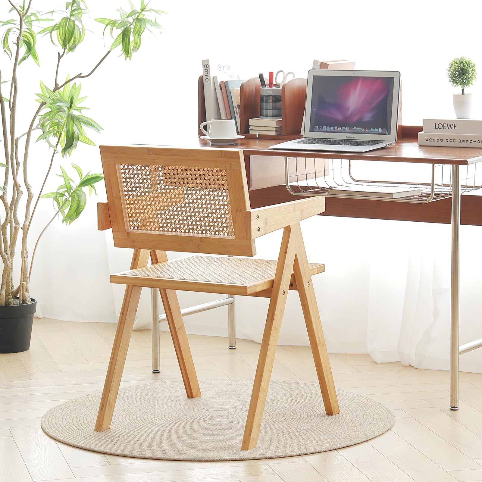 Juego de 2 sillas de ratán modernas de mediados de siglo, sillas de sala de estar de bambú para sala de lectura, comedor, cocina, madera 7