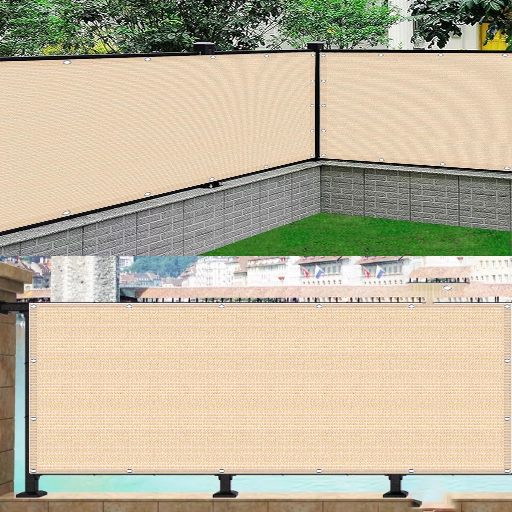 Siatka Zacieniająca 0.7 x 8 m HDPE 220 G M² Bez Wiercenia, Nieprzejrzysta, Odporna Na Uv, Odporna Na Rozdarcie, Ogrodzenie Ogrodowe Z Oczkami I Linką Do Ogrodu Patio, Kolor kremowy