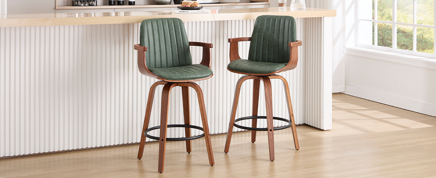 VipDesk Set de 2 Butacos con respaldo alto y brazos giratorios de 26 pulg, sillas de bar modernas con cuero PU para isla de cocina-Verde miniatura 7