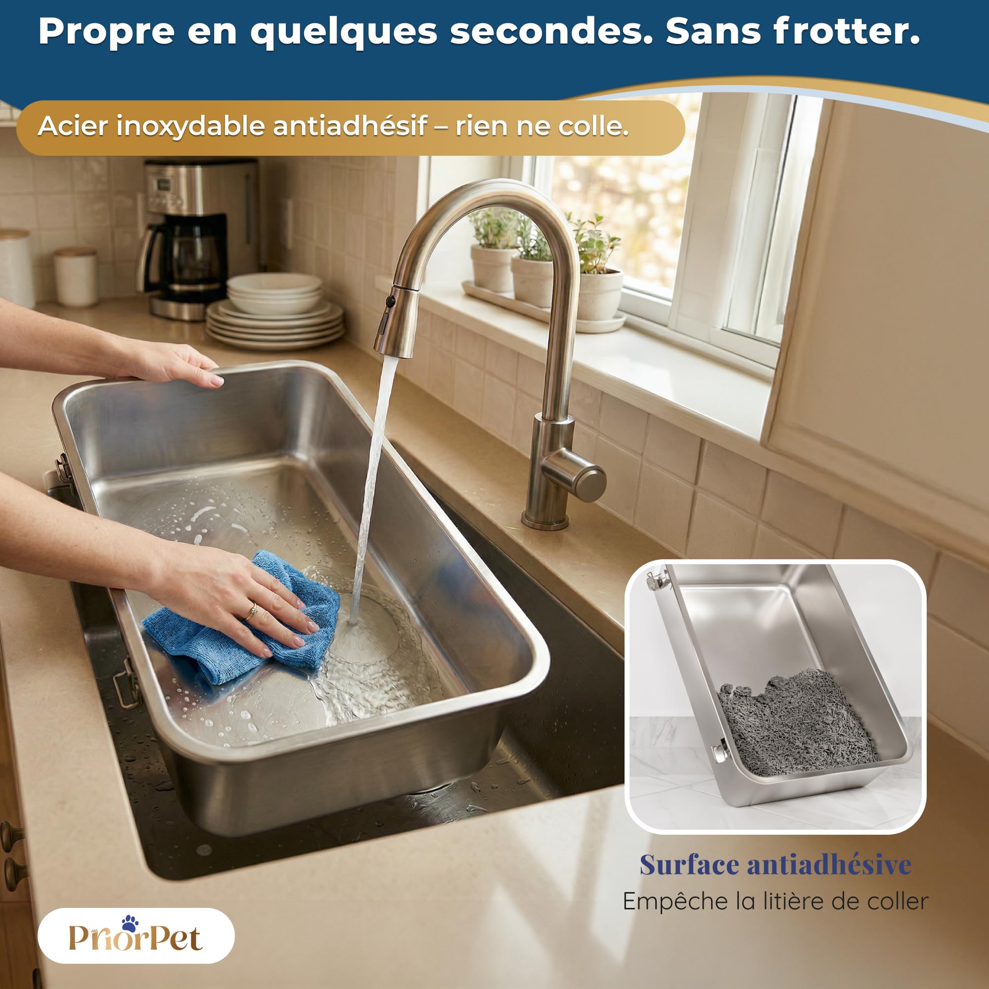 Litiere pour Chat INOX XXL – Bac litière pour Chat avec Porte Frontale & Entrée Supérieure – Grand Bac 60x41,5x40 cm – Facile à Nettoyer & Résistant aux Odeurs avec Marche Récupérateur