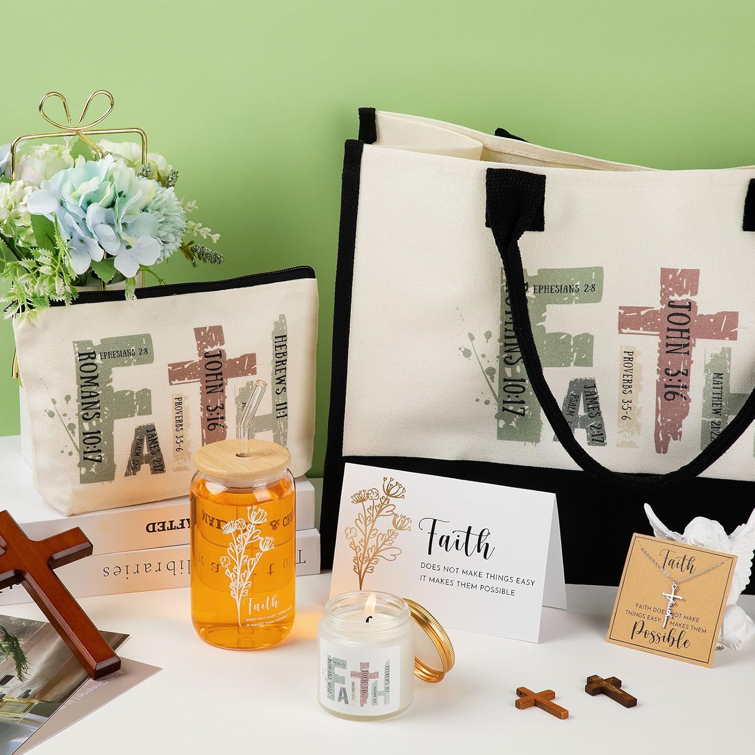 6 Pcs Christian Gifts for Women Faith Set Religious Gift for Women with Tote Bag Makeup Bag Candle Cross Necklace Cup Greeting Card for Birthday Valentine Easter Church Inspiration(Green) - Image 6