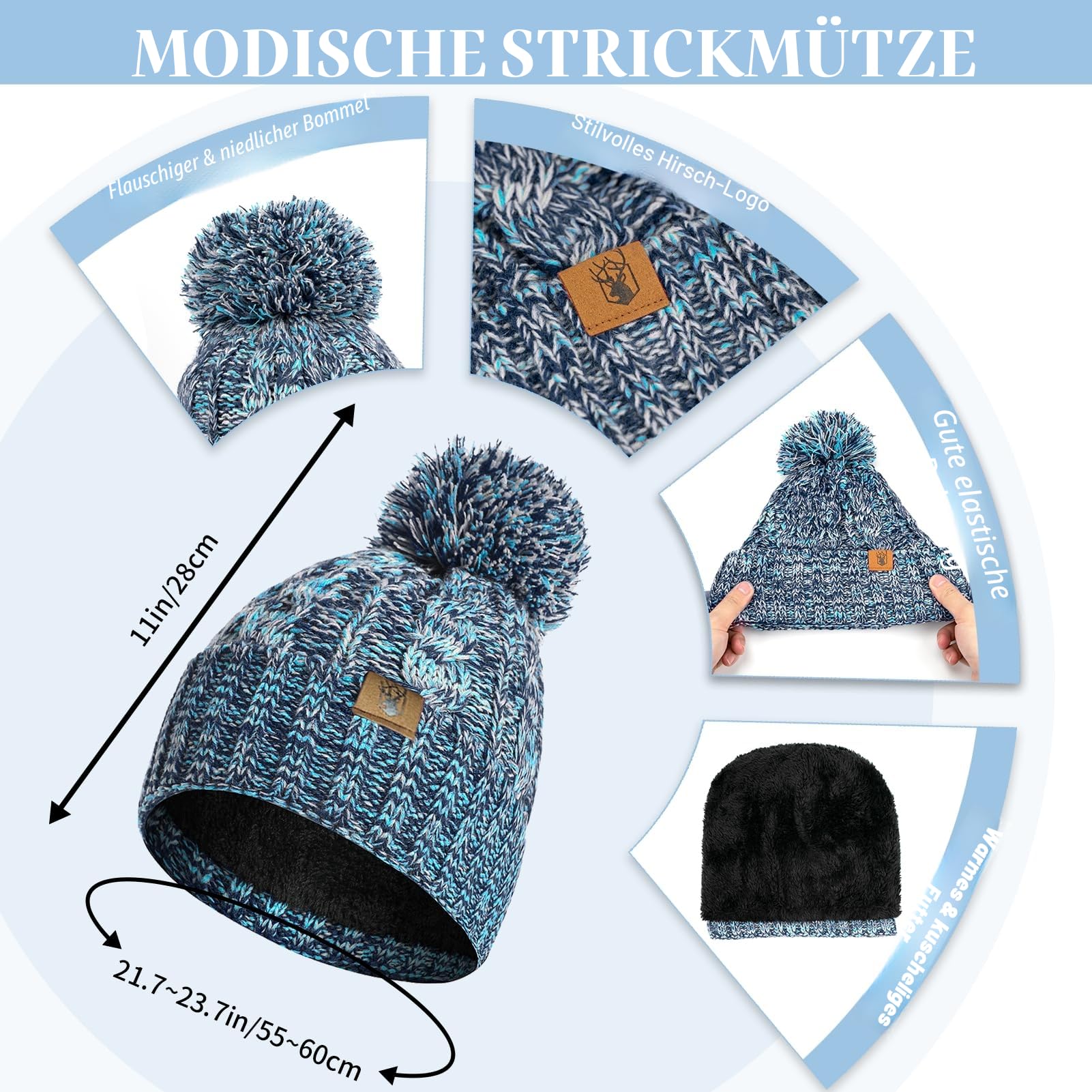 Mütze Schal Handschuhe Set Winter Weich Warm Pelzgefütterte Bommelmütze Langer Schal mit Quaste und Touchscreen Handschuhe Set 3-teiliges Melange Gestrickt Damen Unisex