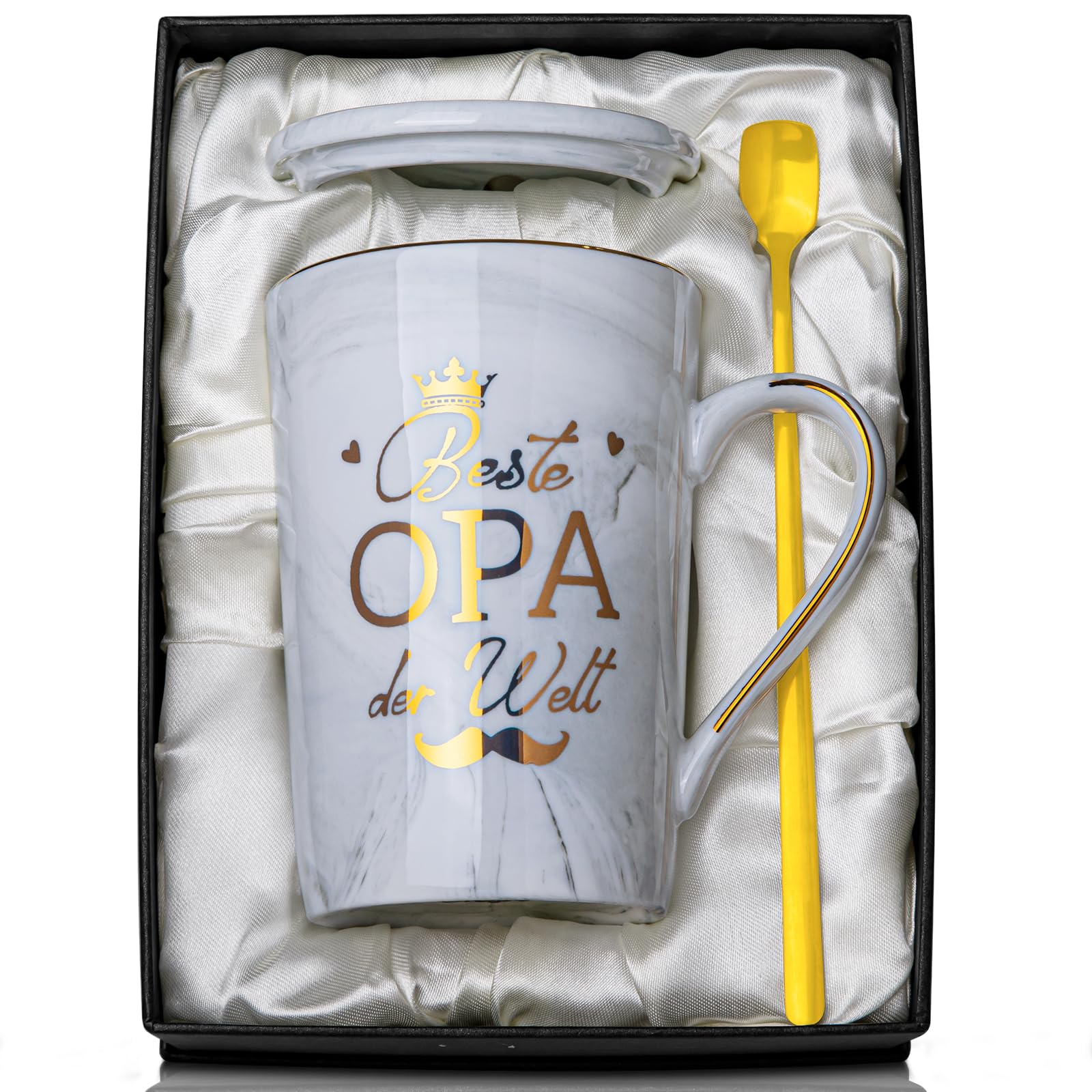 Opa Geschenk Geburtstag Vatertag, Bester Opa der Welt Tasse - Vatertagsgeschenk Geschenke für Großvater, 400ml Grau Marmor Tasse mit Goldener Golddruck, Deckel Löffel Grußkarten, Exquisite Geschenkbox