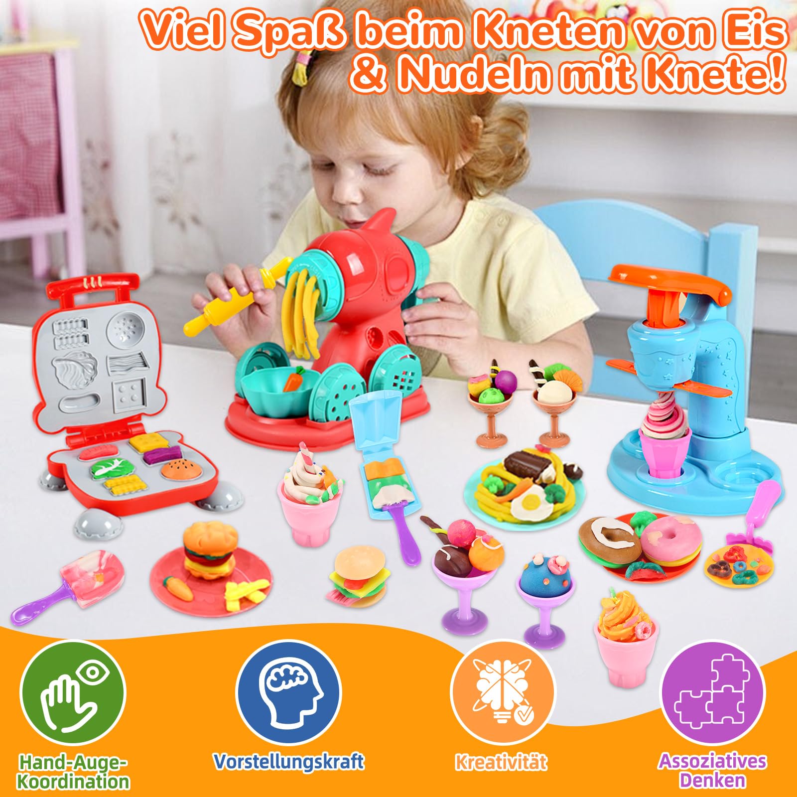 VBACALA 3-in-1 Knete Set Kinder 51 Stück, Knetmaschine für Eiscreme, Nudeln & Burger, mit 12 Dosen Knetmasse, Knetspielzeug mit Formen & Zubehör, Kreatives Geschenk für Kinder ab 3 Jahren
