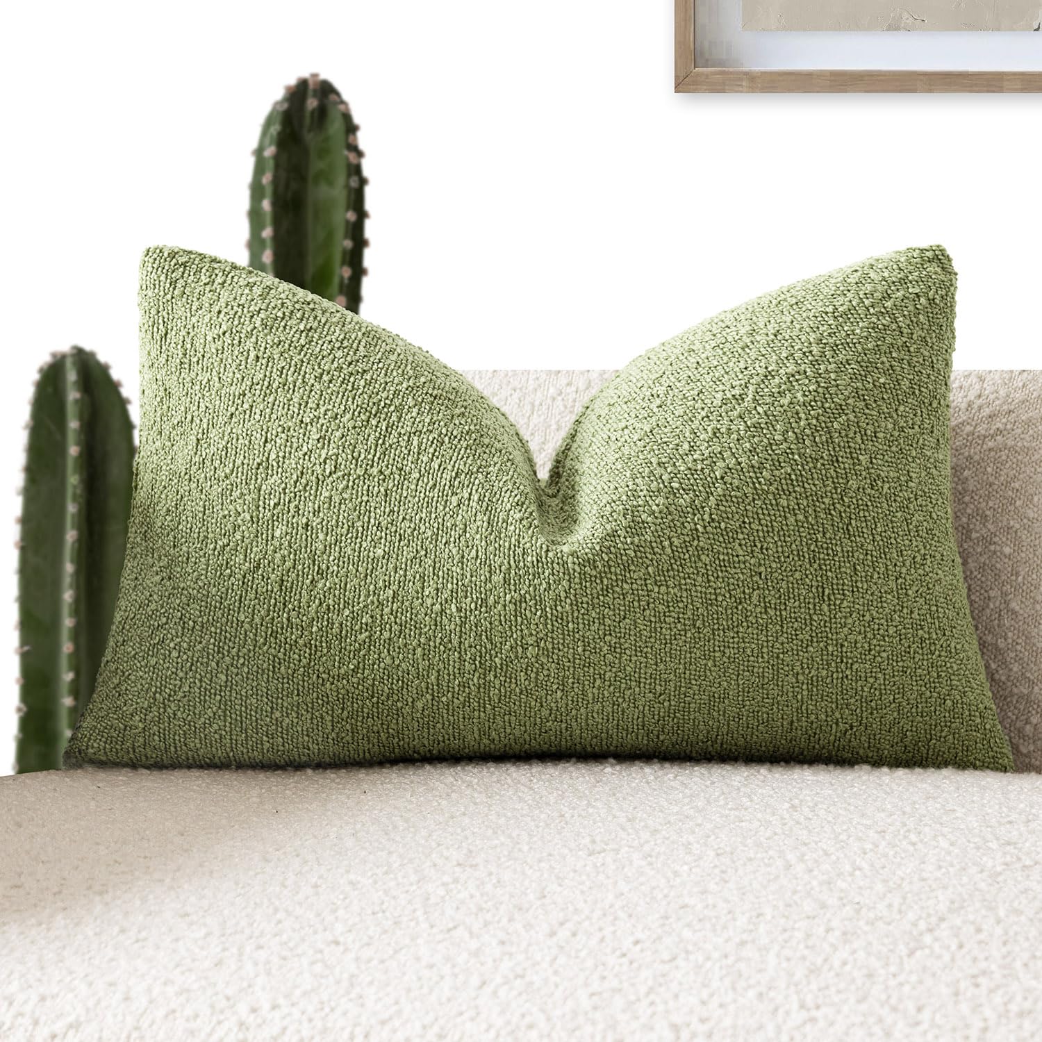 Foindtower Decorative Textured Boucle Throw Pillow Covers Accent Solid Lumbar Pillow Cases Neutral Cozy Couch Cushion Case for Chair Sofa Bedroom Living Room Home Decor 12x20 Inch,1PC,Leaf Green