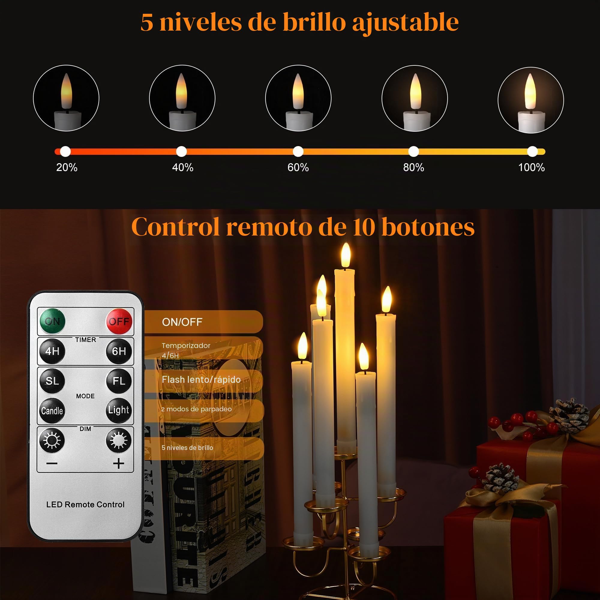 EXTSUD - Juego de 6 velas largas LED sin llama, con mando a distancia, velas de ventana LED recargables 22 cm, color blanco, decoración para Navidad, boda, fiestas, banquetes