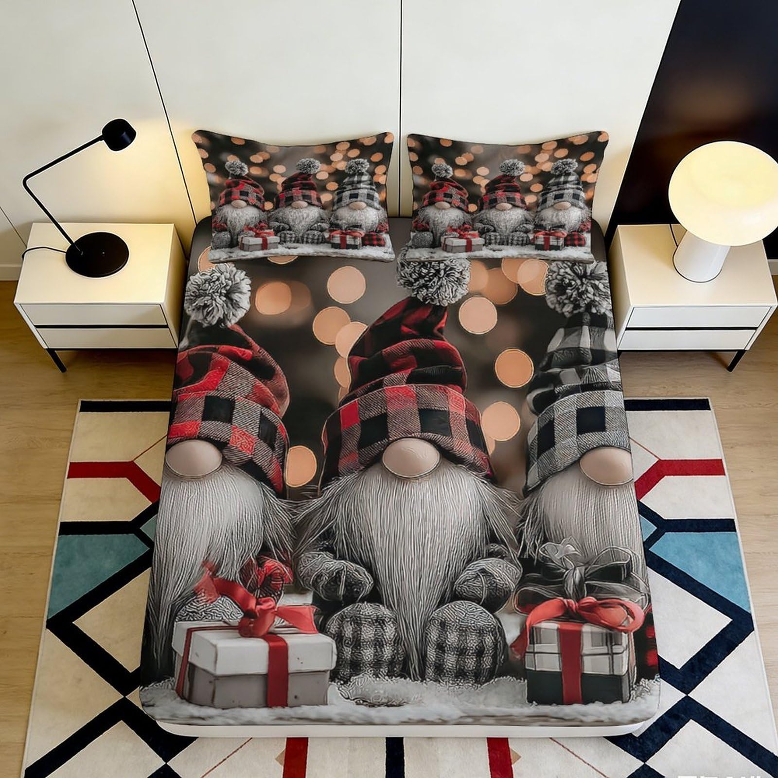 3D Printed Christmas Gnome Fitted Sheet Microfiber Soft Festive Gift Bed Cover for Bedroom Guestroom Decor 90x200x25cm