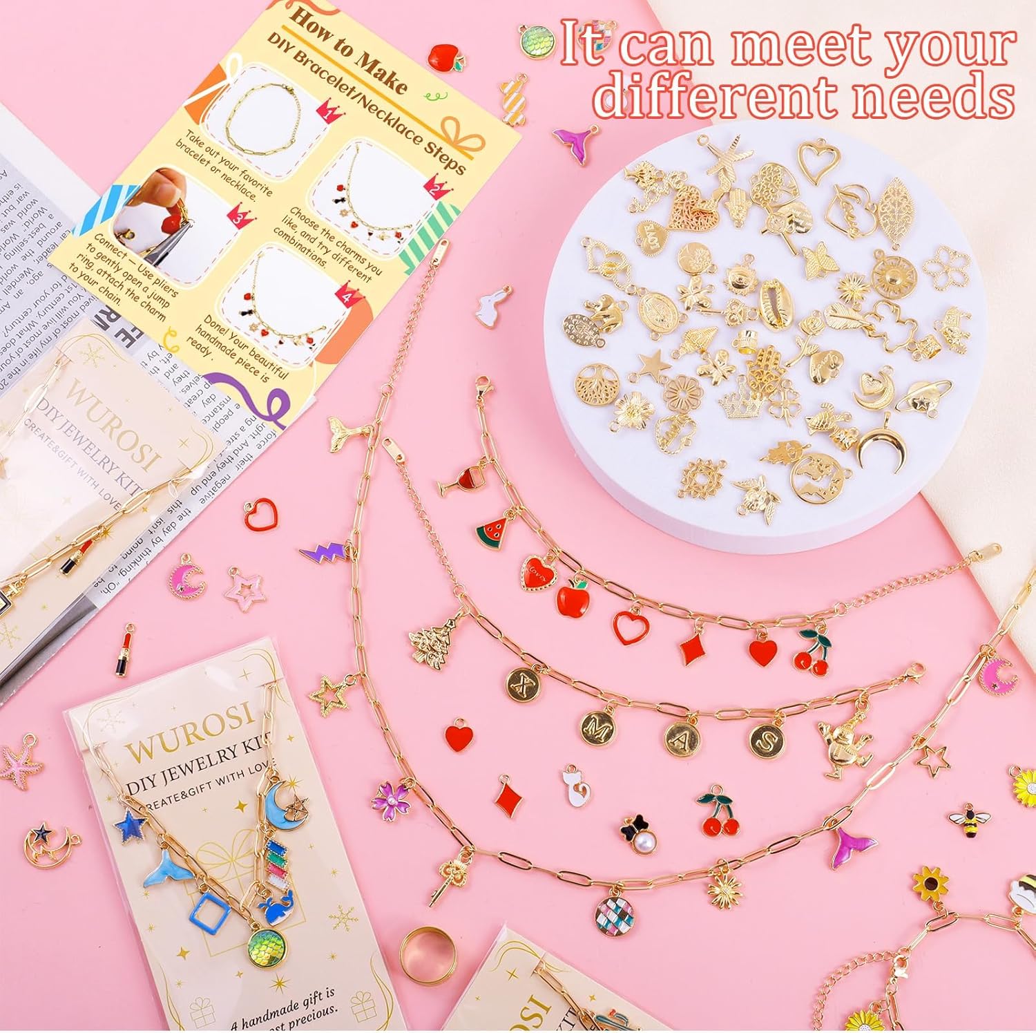 Wurosi 443 Pcs Gold Charm Bracelet Necklace Making Kit for Women, Including 8 Paperclip Chain Bracelets, 4 Paper Clip Chain Necklaces, Accessories for Jewelry Making, Crafts Beginner Supplies Gift - Image 7