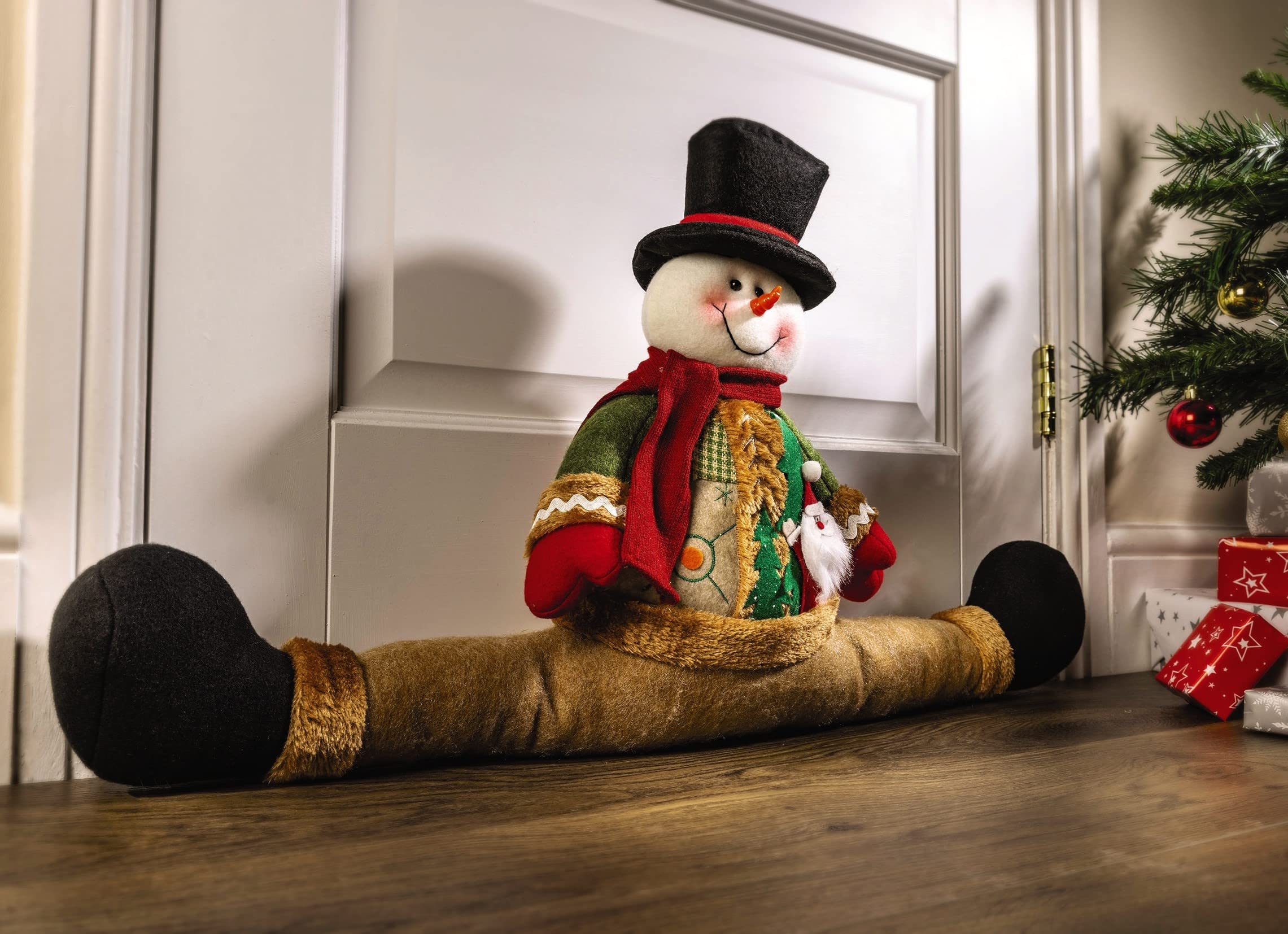 Snowman Draught Excluder Cushion - Festive Christmas Xmas Decoration - Energy Saving Draft Guard - H38 x W71 x D13cm