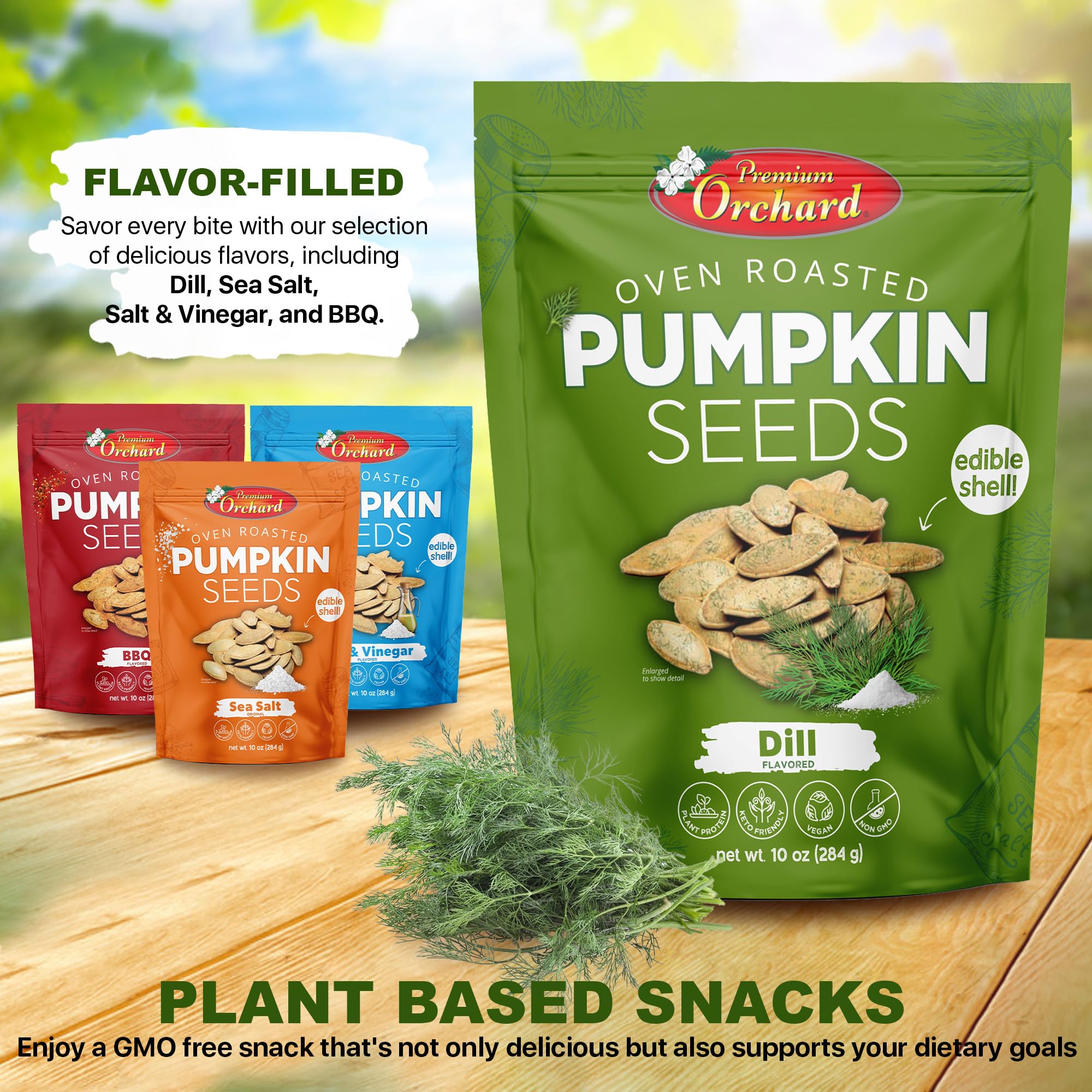 PREMIUM ORCHARD Flavored Pumpkin Seeds Oven Roasted | Dill Flavor | High Protein Snacks for Kids and Adults | Vegan Snack | Non GMO | KETO thumbnail 7