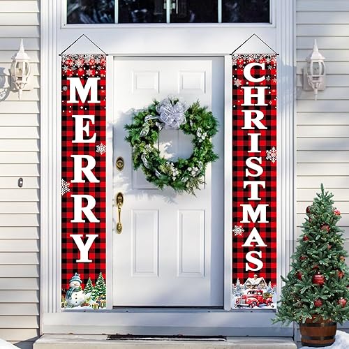 Miniatura 7 de Decoraciones de Navidad para patio al aire libre: cartel grande de porche delantero rojo y negro, pancarta de puerta de Navidad a cuadros de búfalo,