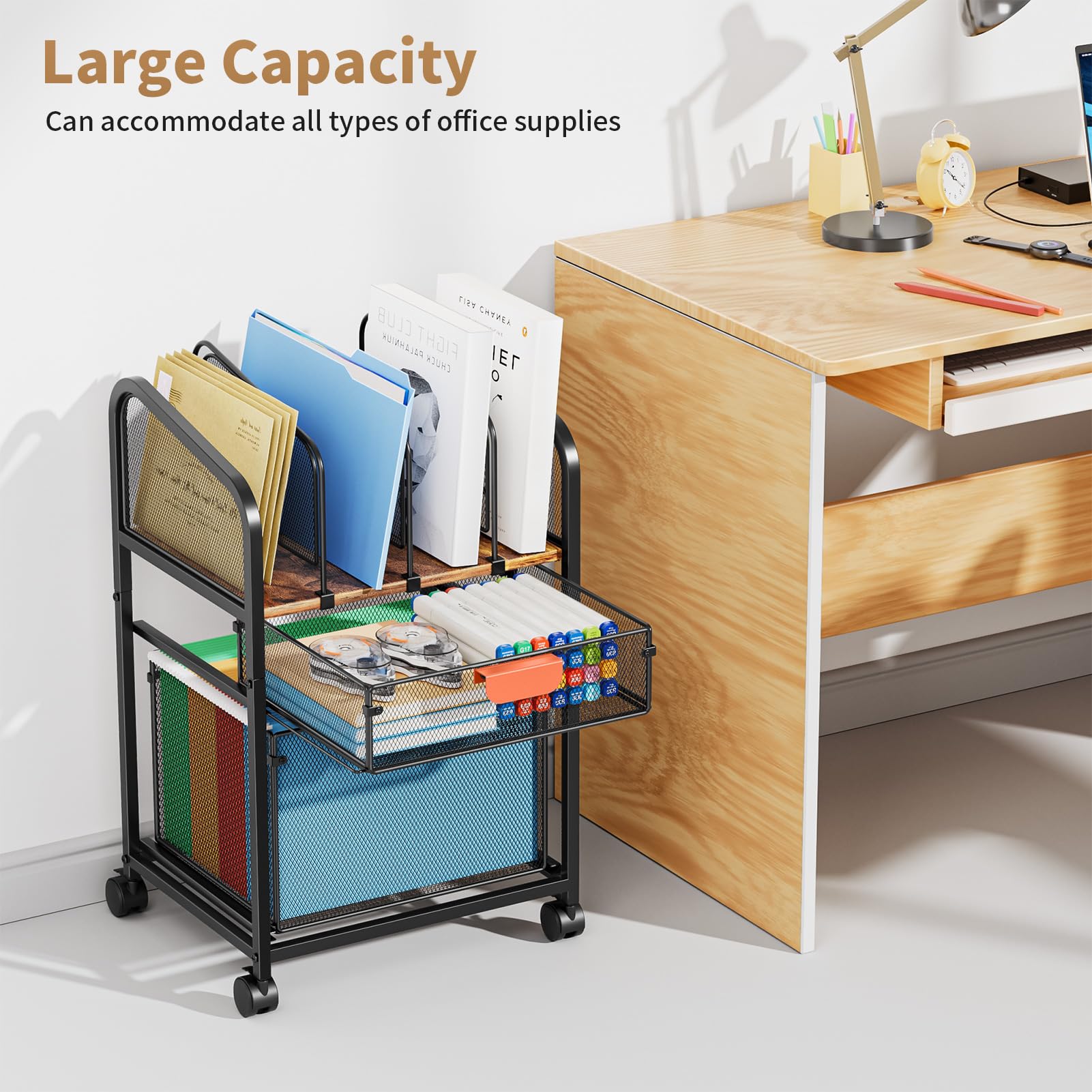 Marbrasse Carrello portadocumenti con divisori regolabili, armadietto mobile su ruote bloccabili, organizer per schedario da ufficio, organizer per cartelle da appendere, per casa e ufficio, marrone