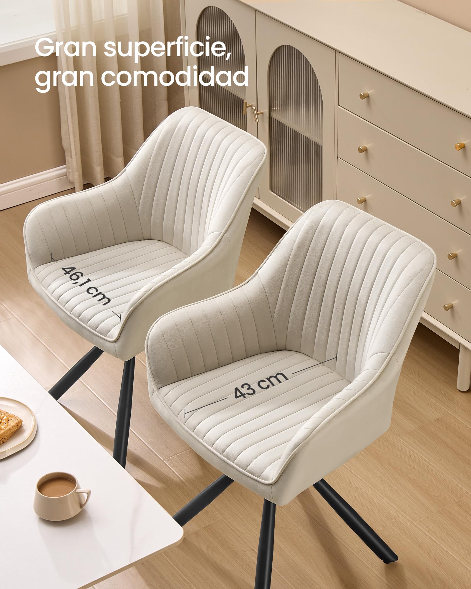 SONGMICS Silla de Comedor, Sillón Giratorio, Terciopelo, Tapizado con Reposabrazos, Capacidad de Carga 120 kg, Patas de Acero, para Comedor, Cocina, Beige Capuchino y Negro Tinta KDC161LH01