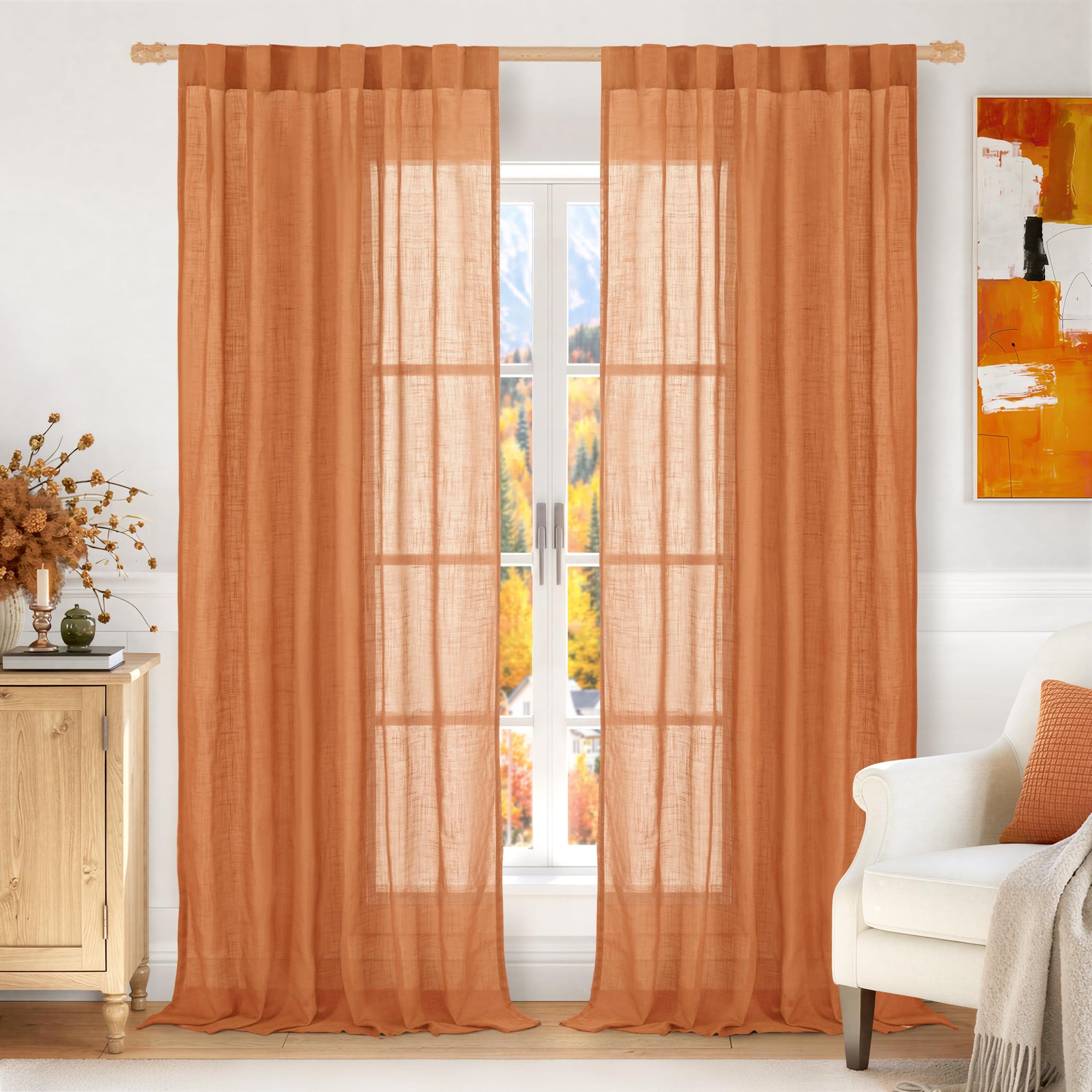 LAMIT Natural Linen Semi Sheer Curtains 84 Inches Long 2 Panels, Living Room Linen Textured Light Filtering Drapes Back Tab and Rod Pocket Neutral Window Panels for Bedroom/Sliding Door, 52 x 84 Inch — view 76