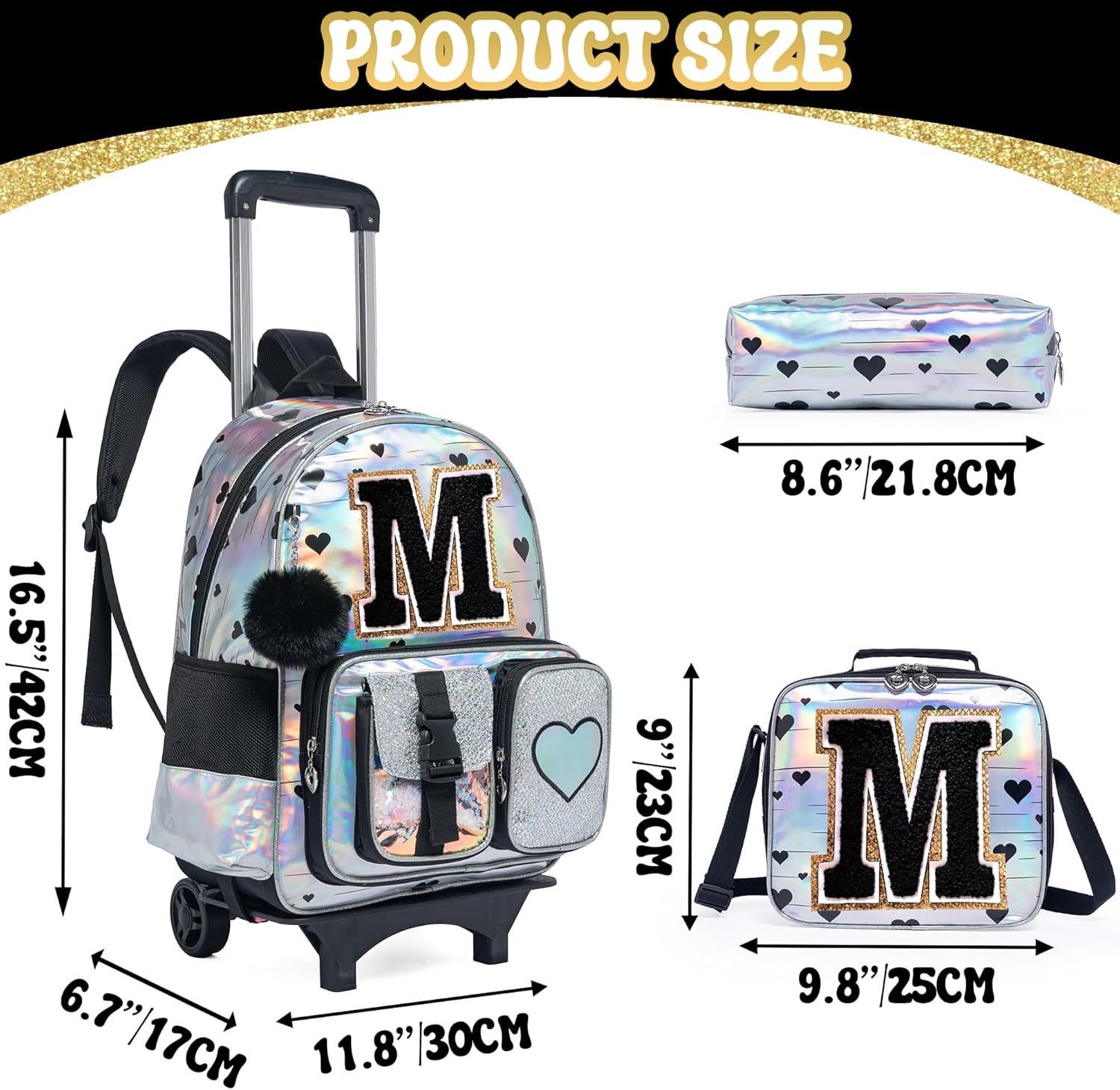 Meetbelify Rolling Backpack for Girls Backpack with Wheels for Elementary Student Kids School Bag with Lunch Box Pencil Case for Girls Ages 6-8 Years Old Black M