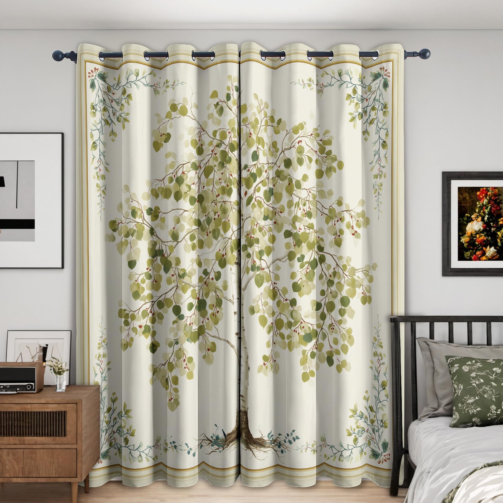 Baum Vorhang Mit ösen Blickdicht, Salbeigrün Blätter Vorhänge Schlafzimmer Wohnzimmer Küche 110 x 215 cm Lang, Übergardinen Innen Verdunklungsvorhänge
