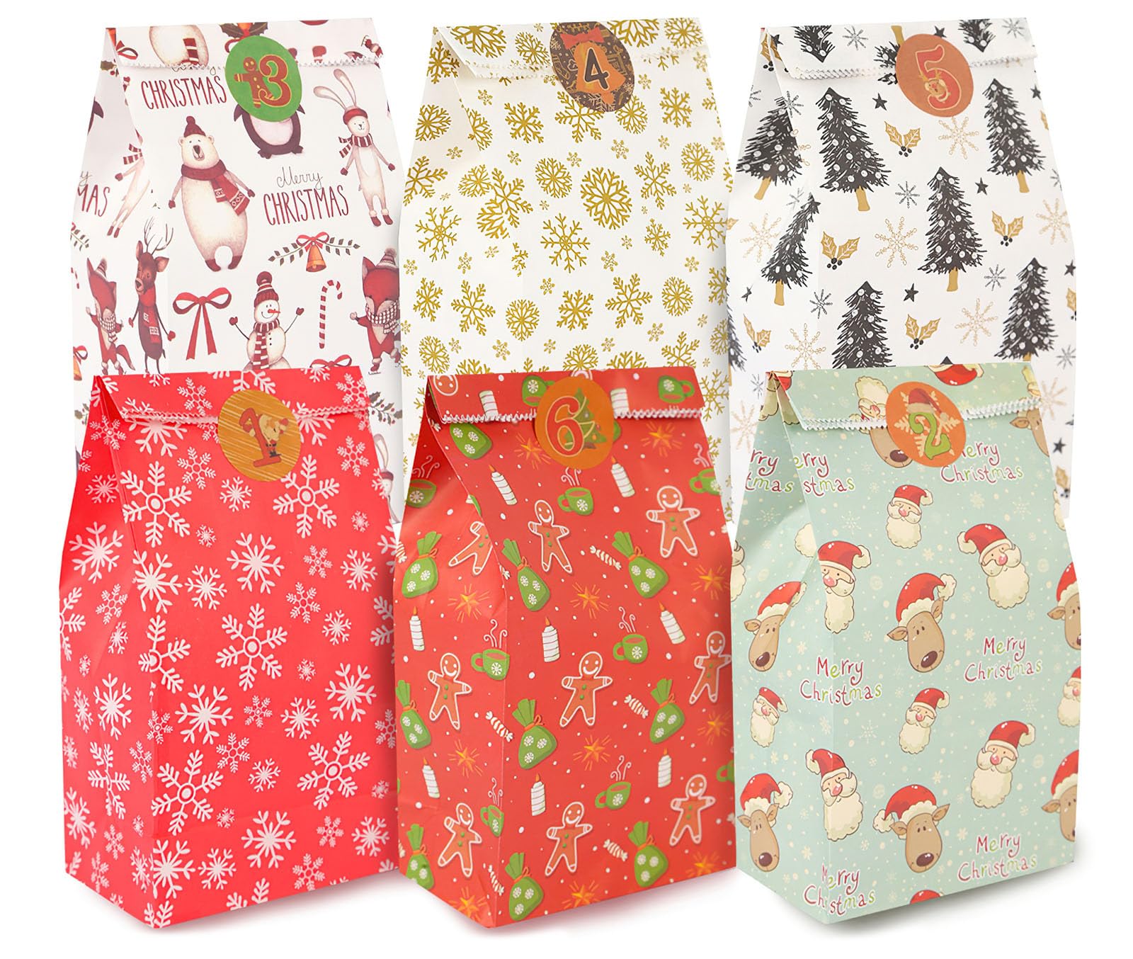 STARRKY 24PCS Christmas Goodie Bags With Stickers, Christmas Gift Bags 6 Styles For Cookies, Lunch, Classrooms Xmas Party Favors - View #2