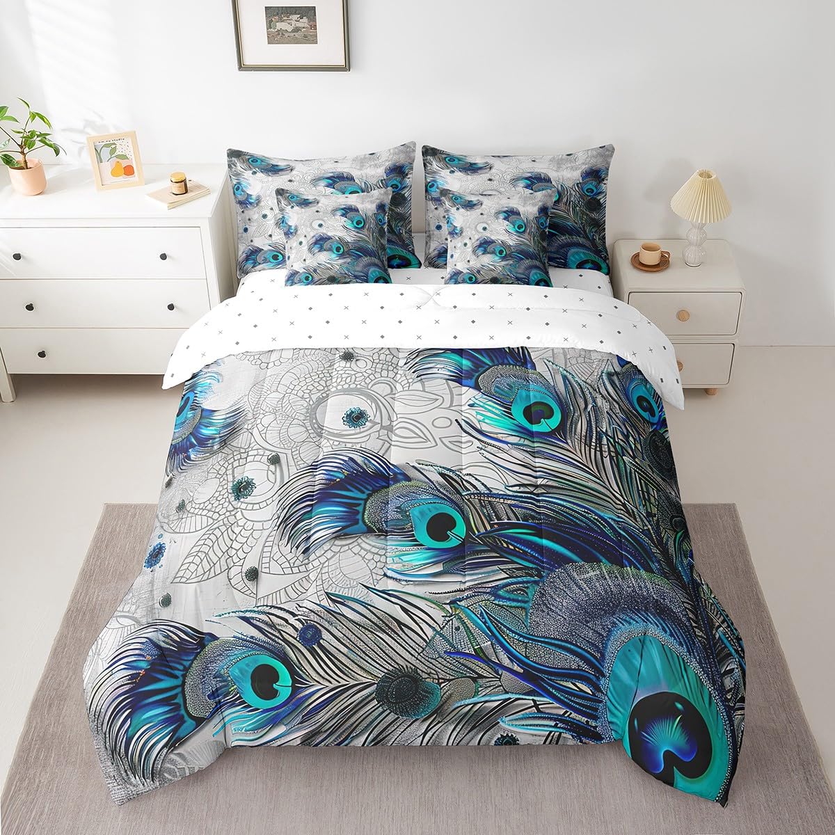 Erosebridal Peacock Feather Comforter Set 7 Piece Bed in a Bag Twin,Mandala Exotic Bohemian Bedding Sets Luxury Boho Floral Wild Animal Sheet Set with
