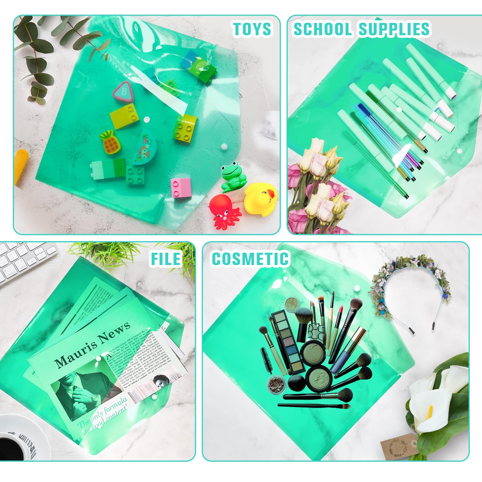 24 buste in plastica con chiusura a bottone a pressione, cartelle trasparenti per documenti formato A4, cartelle in polietilene, per scuola e ufficio (verde)