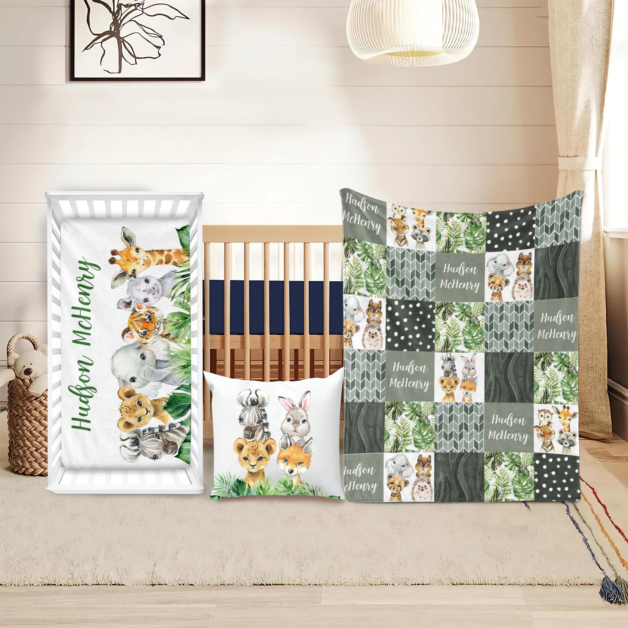 3 Pcs Baby Crib Bedding Set for Boys and Girls, Newborn Infant & Toddler Nursery Bed Set Decor, Fitted Crib Sheet Pillowcase & Baby Blanket with Double Layer Dotted Backing (Safari HA231 3pcs)