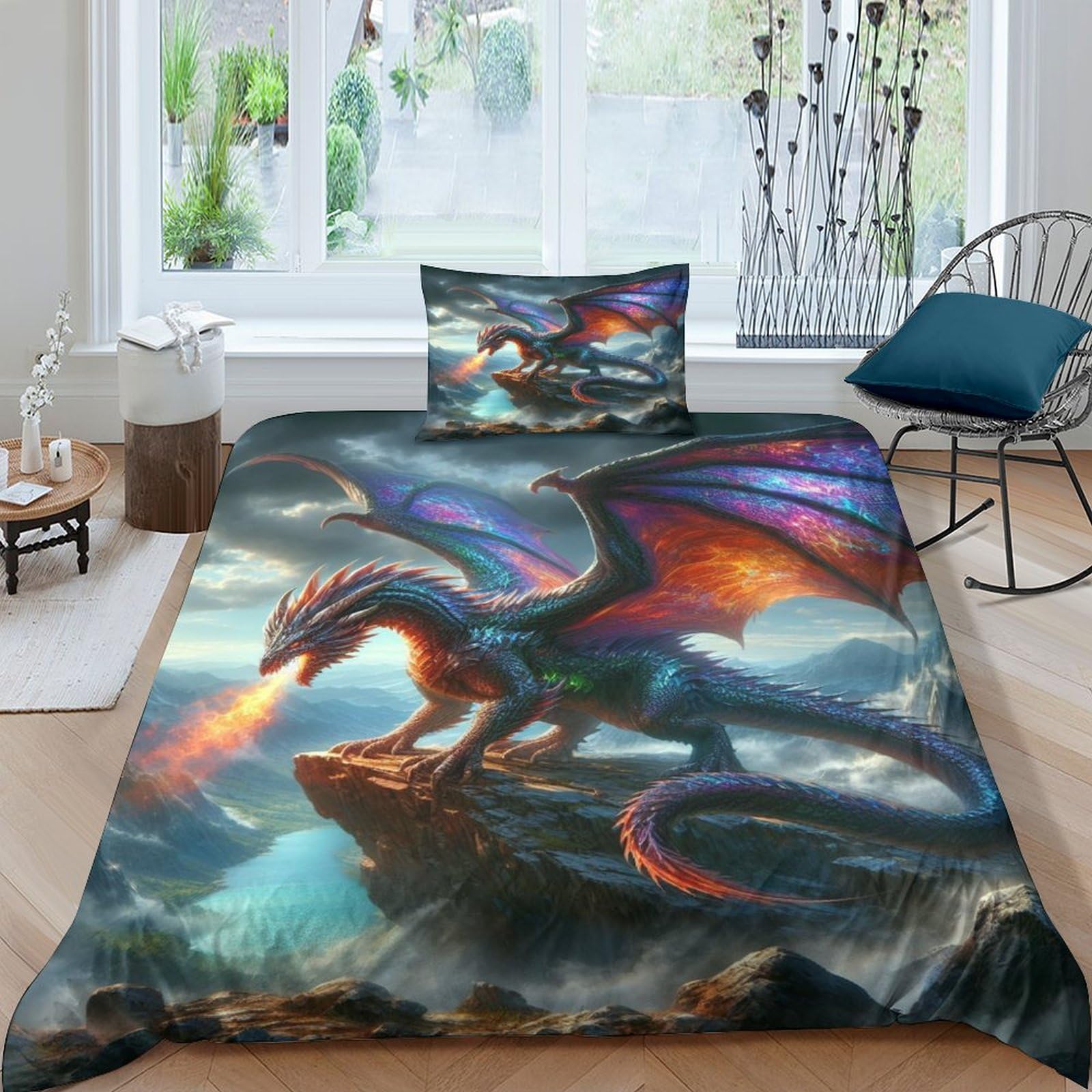 TNFHSOFT Flying Dragon 3d Print Duvet Cover Bedding Set Kids Teens Comforter Cover Set Soft Microfiber Quilt Cover with Zipper Closurewith with Pillwocase Single（135x200cm）